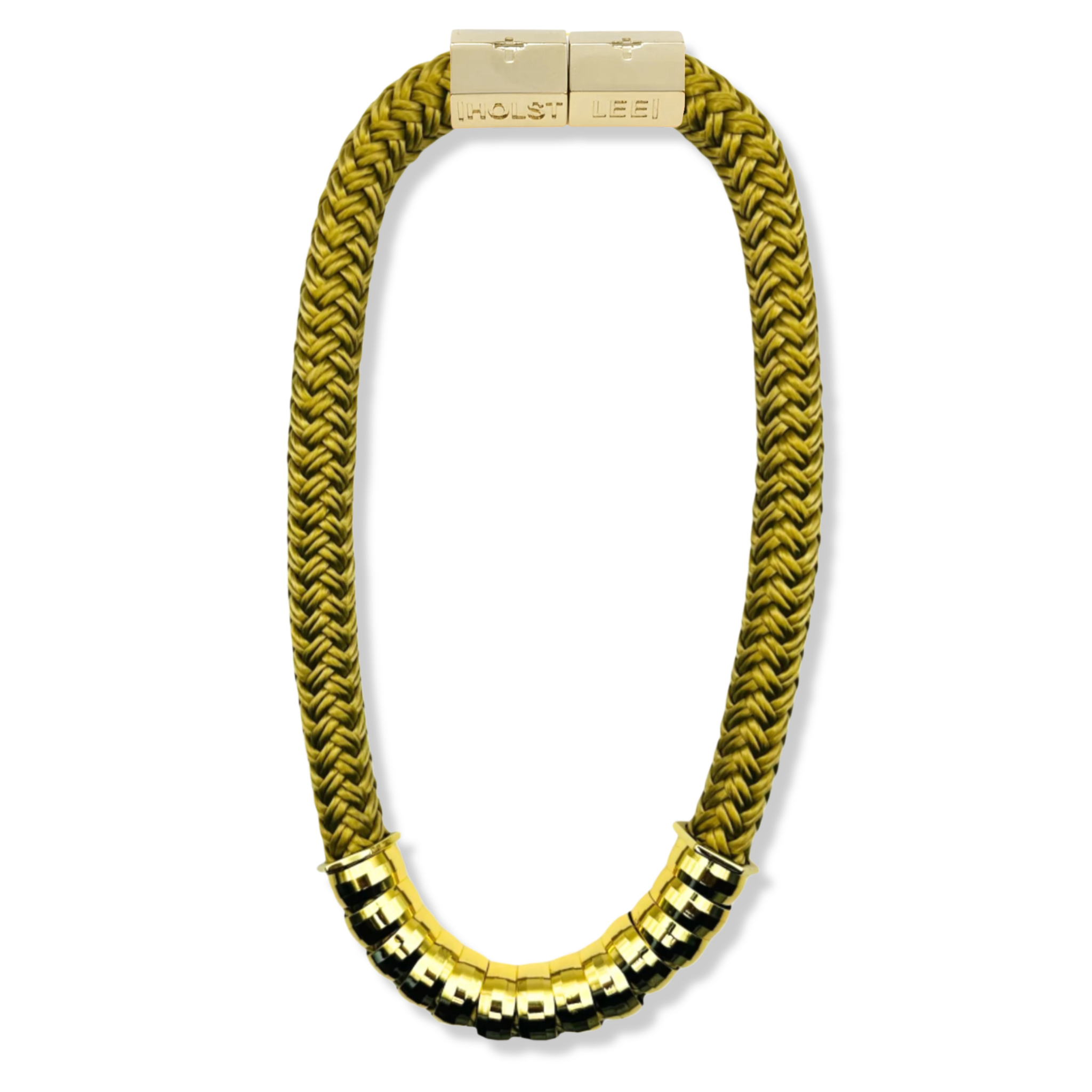 Gold braided rope necklace with multicolor enamel and gold ferrule stack and gold magnetic clasped necklace by HOLST+LEE