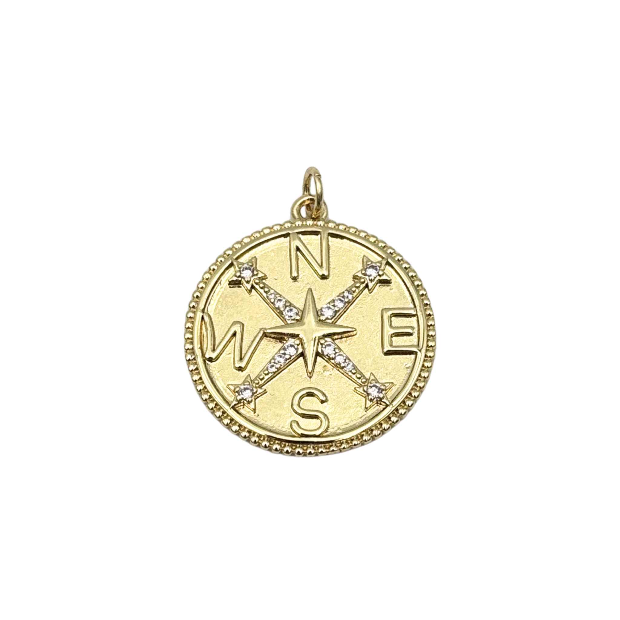 Gold compass charm with diamond star points, cardinal directions by HOLST+LEE