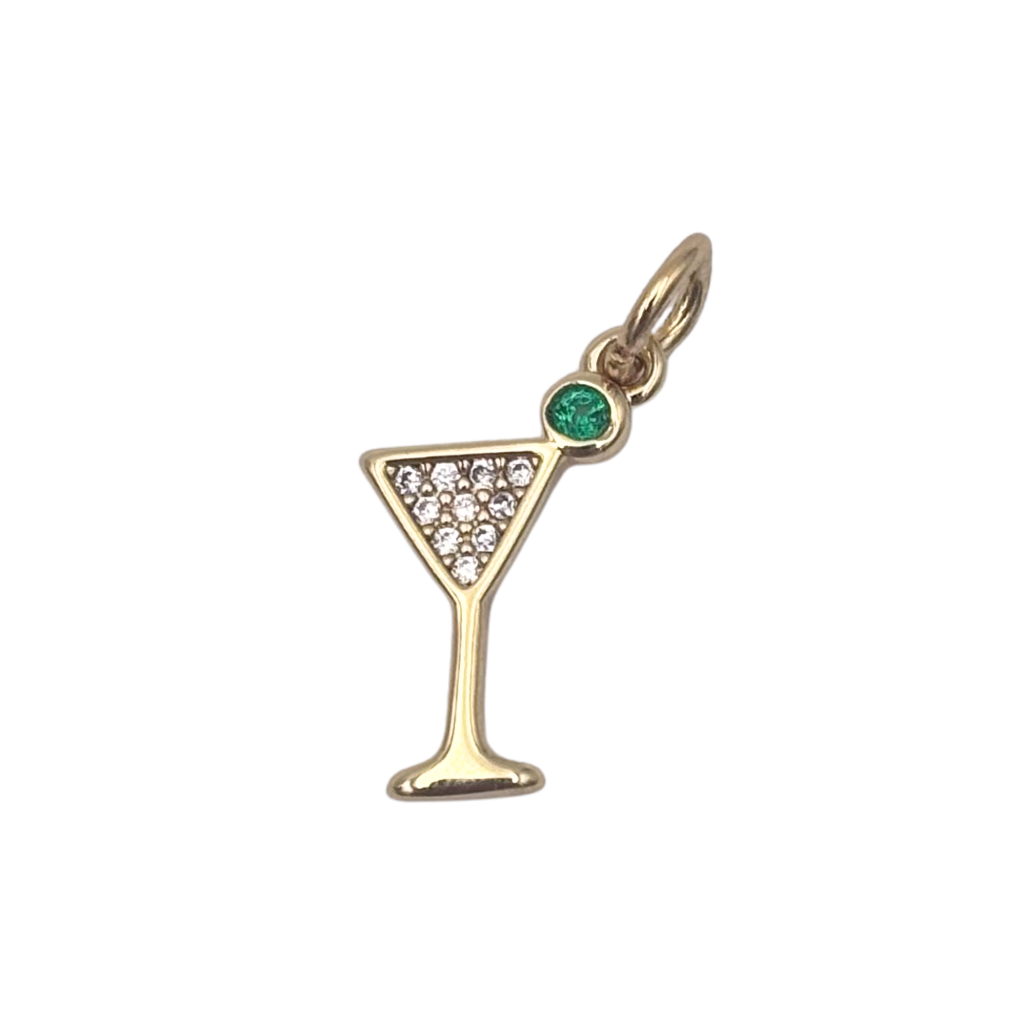 Gold martini glass charm with pavé rhinestone triangular bowl and bezel-set green crystal olive by HOLST+LEE