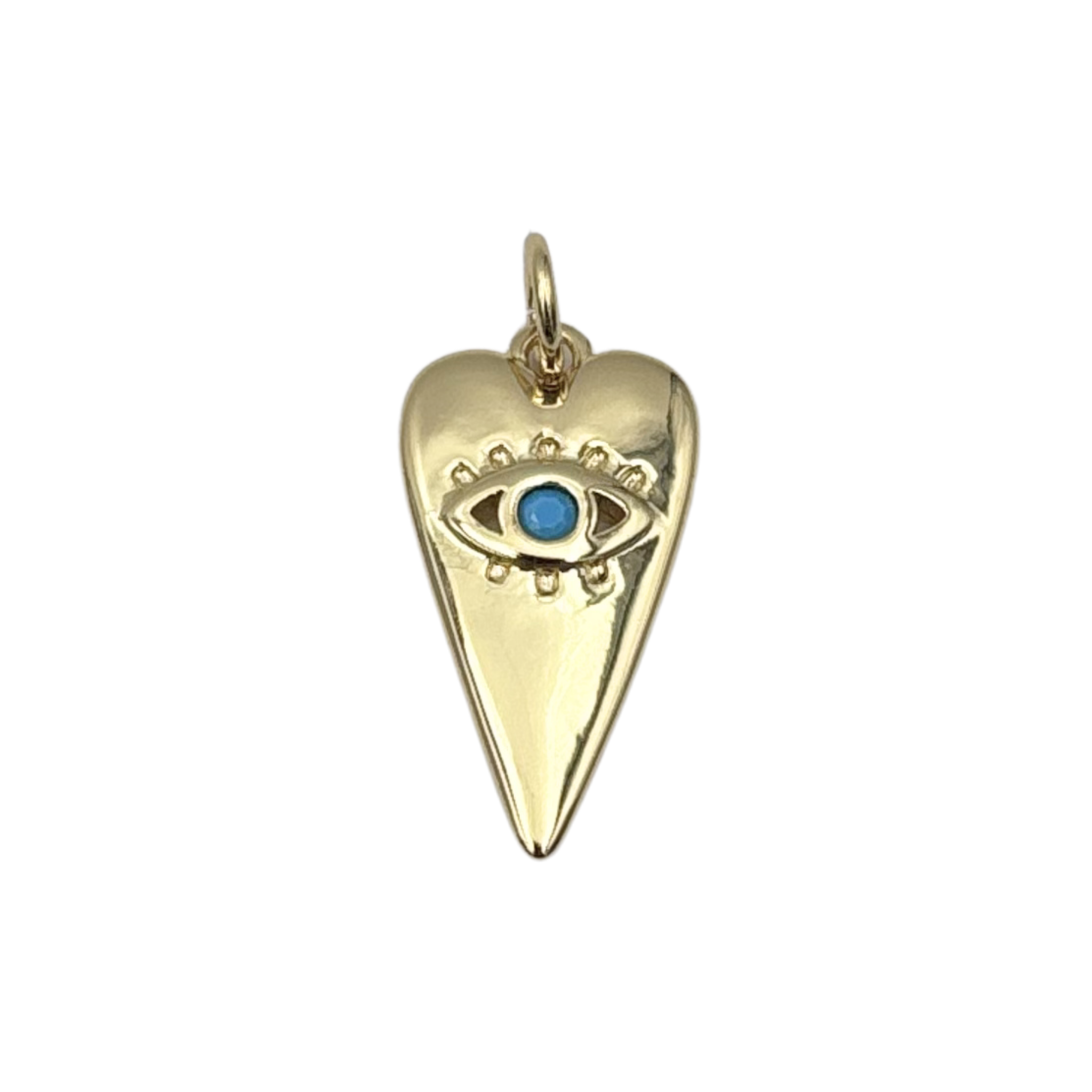 Elongated gold heart charm with an evil eye motif featuring a turquoise gemstone center by HOLST+LEE