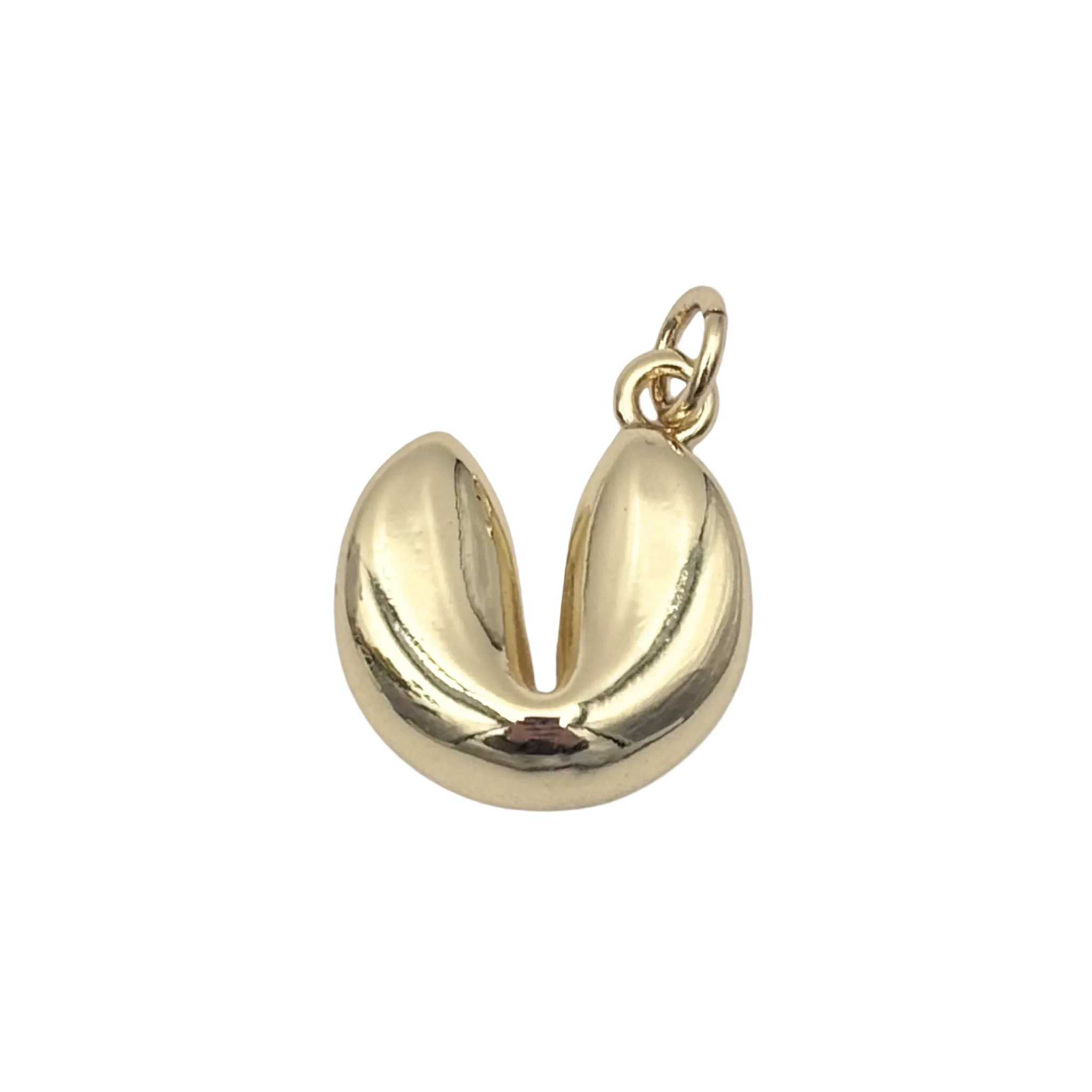 Polished gold fortune cookie charm pendant with smooth domed surface and split opening detail by HOLST+LEE