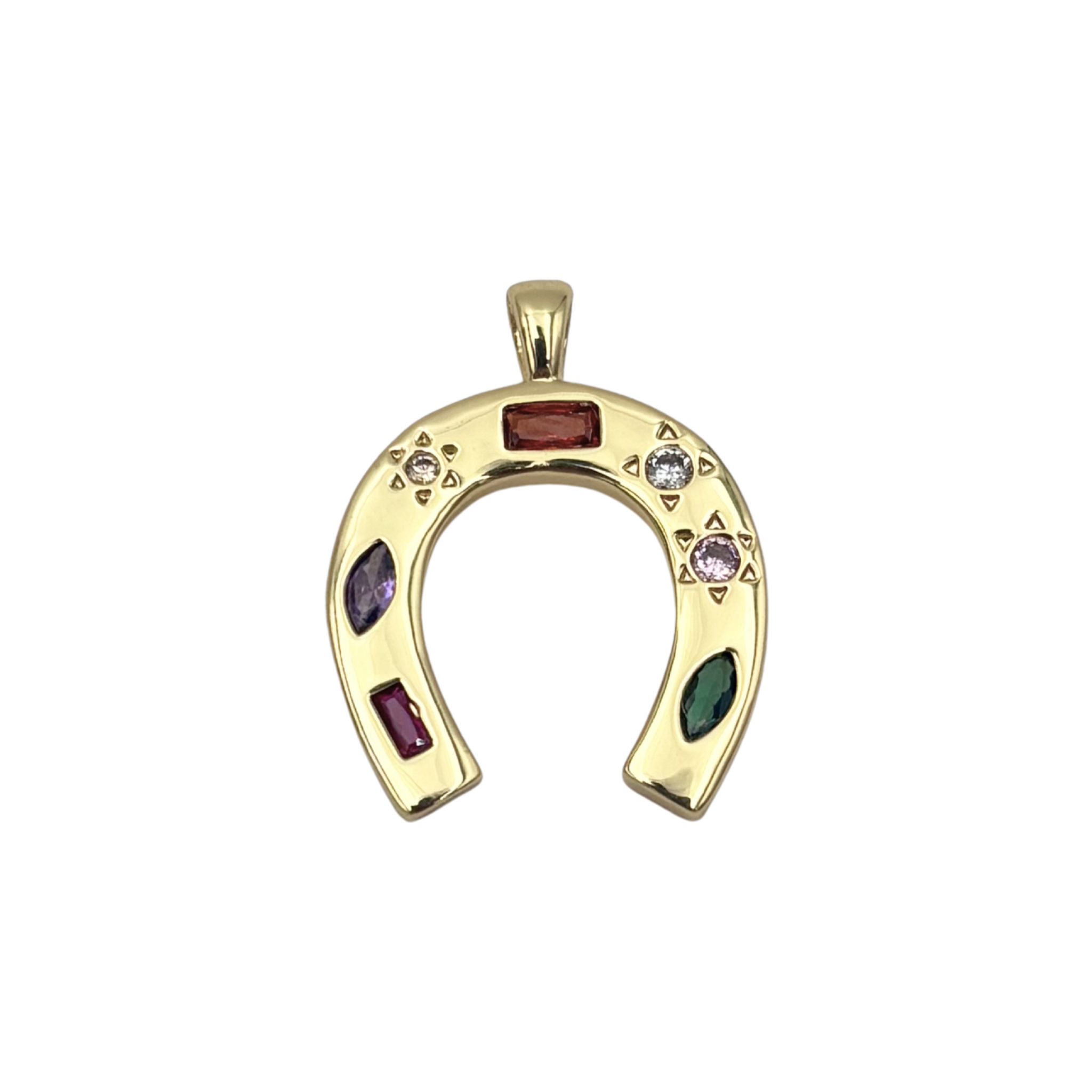 Gold horseshoe charm with mixed gemstone settings including ruby, amethyst, emerald, and clear rhinestones by HOLST+LEE