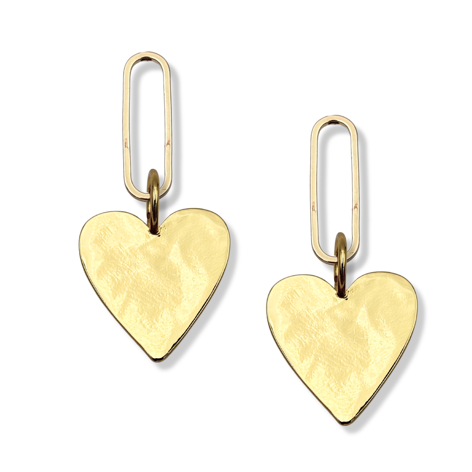 Gold heart dangle earrings with gold paperclip oval link topper by HOLST+LEE