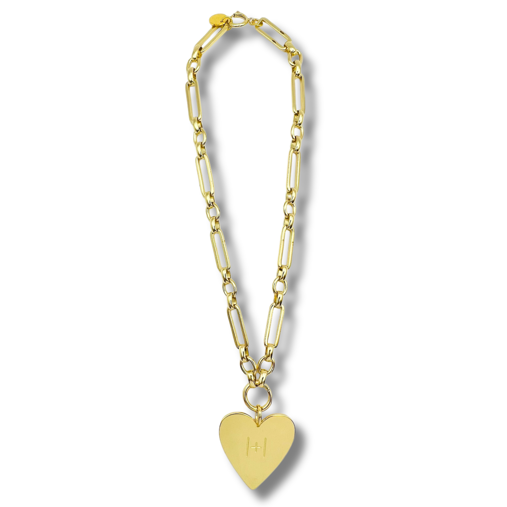 Gold chunky link chain necklace with large gold heart pendant by HOLST+LEE