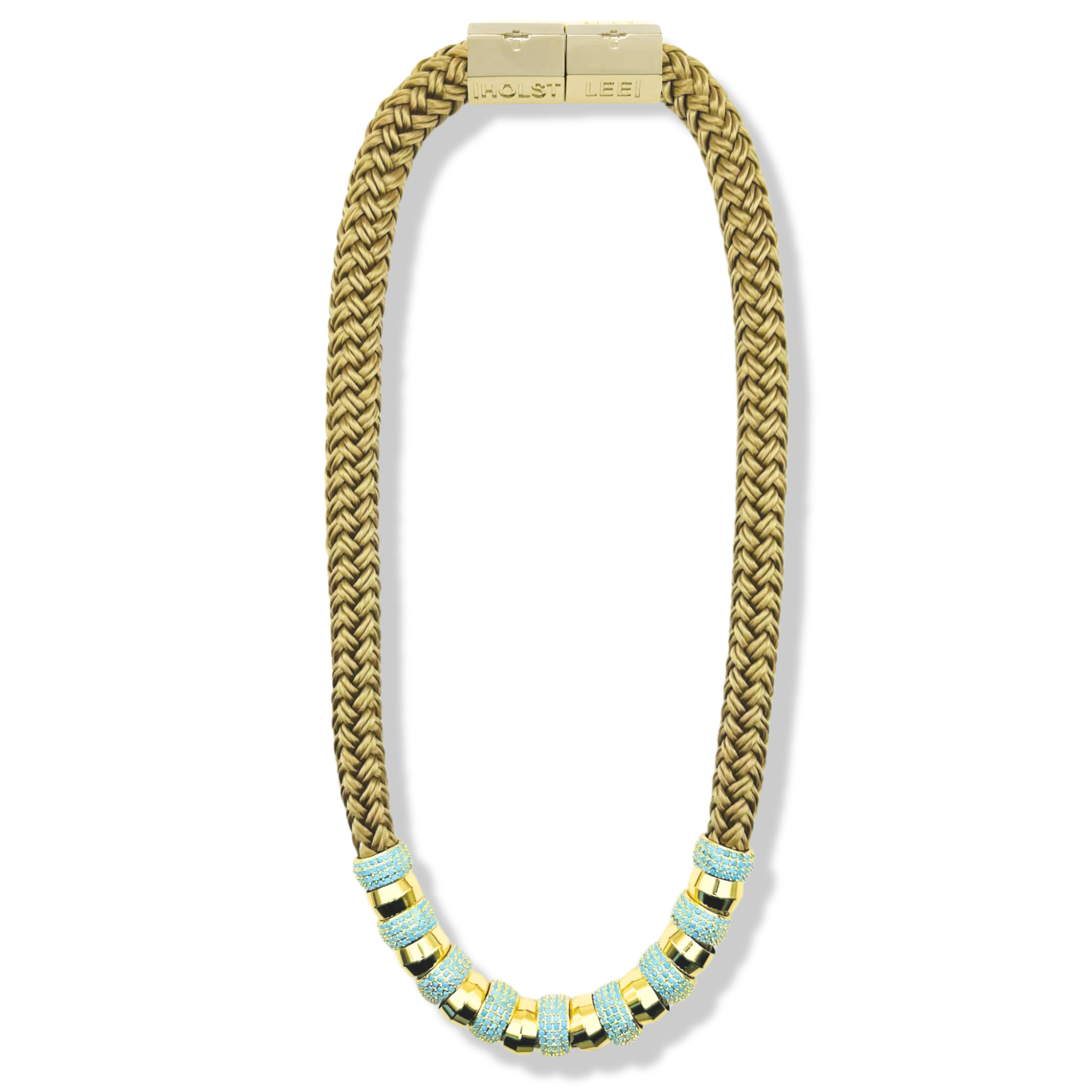 Gold braided rope necklace with pavé crystal and gold ferrule stack and gold magnetic clasp by HOLST+LEE
