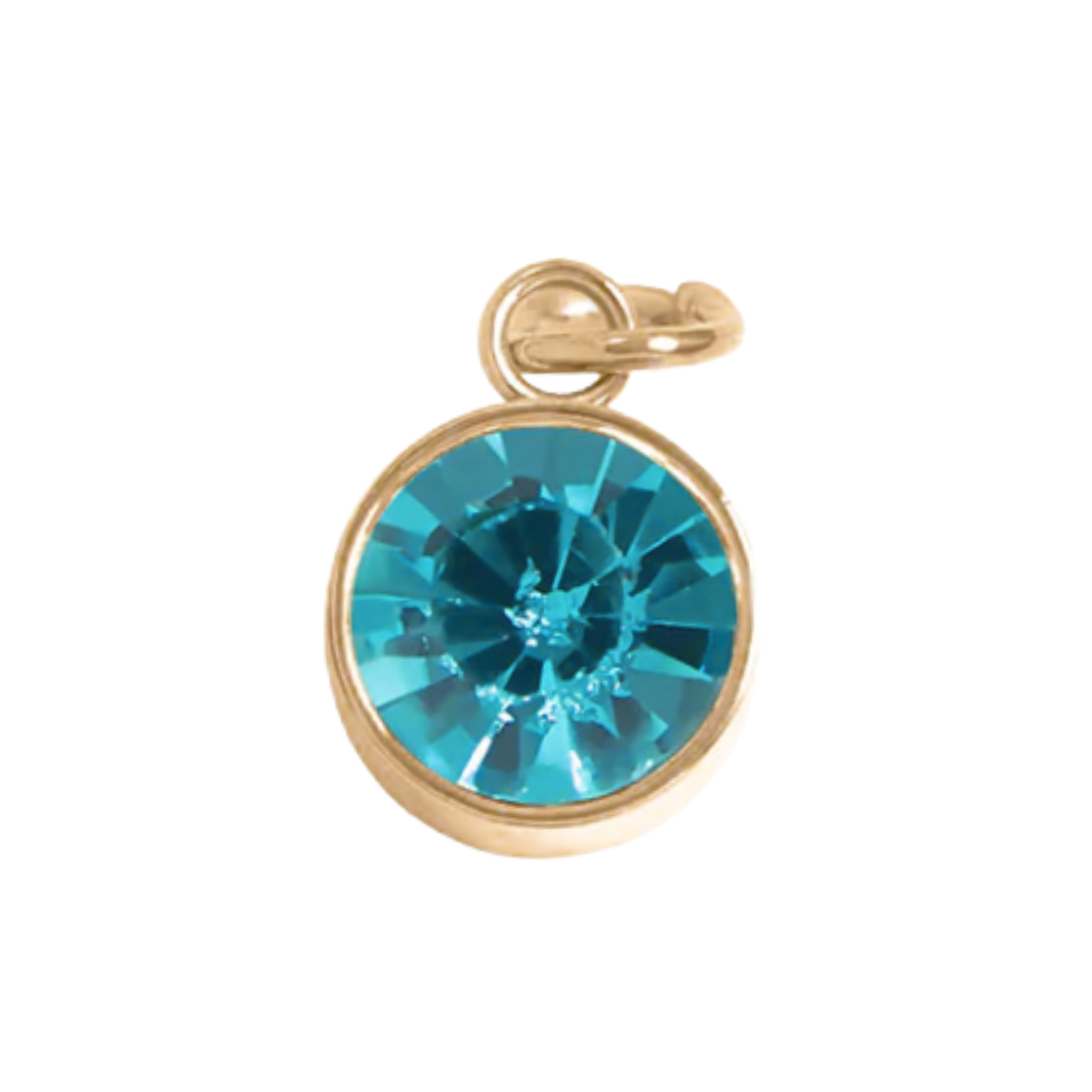 March birthstone aquamarine charm with faceted deep blue stone and gold bezel setting 