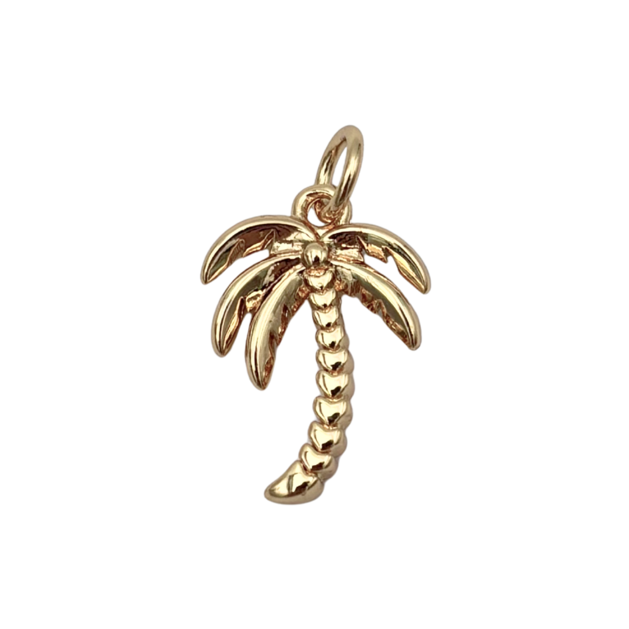 Polished gold palm tree charm pendant with curved trunk, segmented texture, and detailed leaf fronds by HOLST+LEE