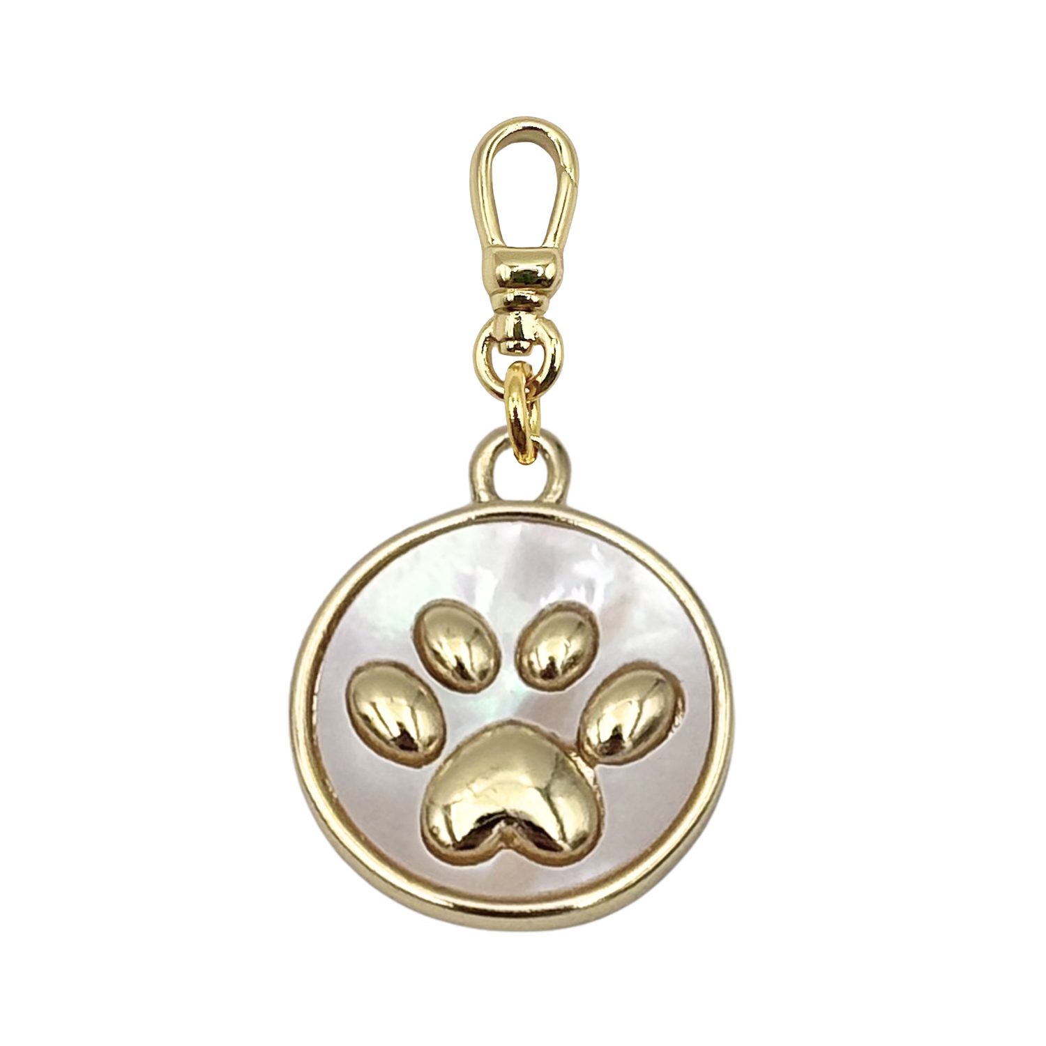 Round mother-of-pearl medallion charm with a raised gold paw print, set in a gold bezel with charm clip by HOLST+LEE