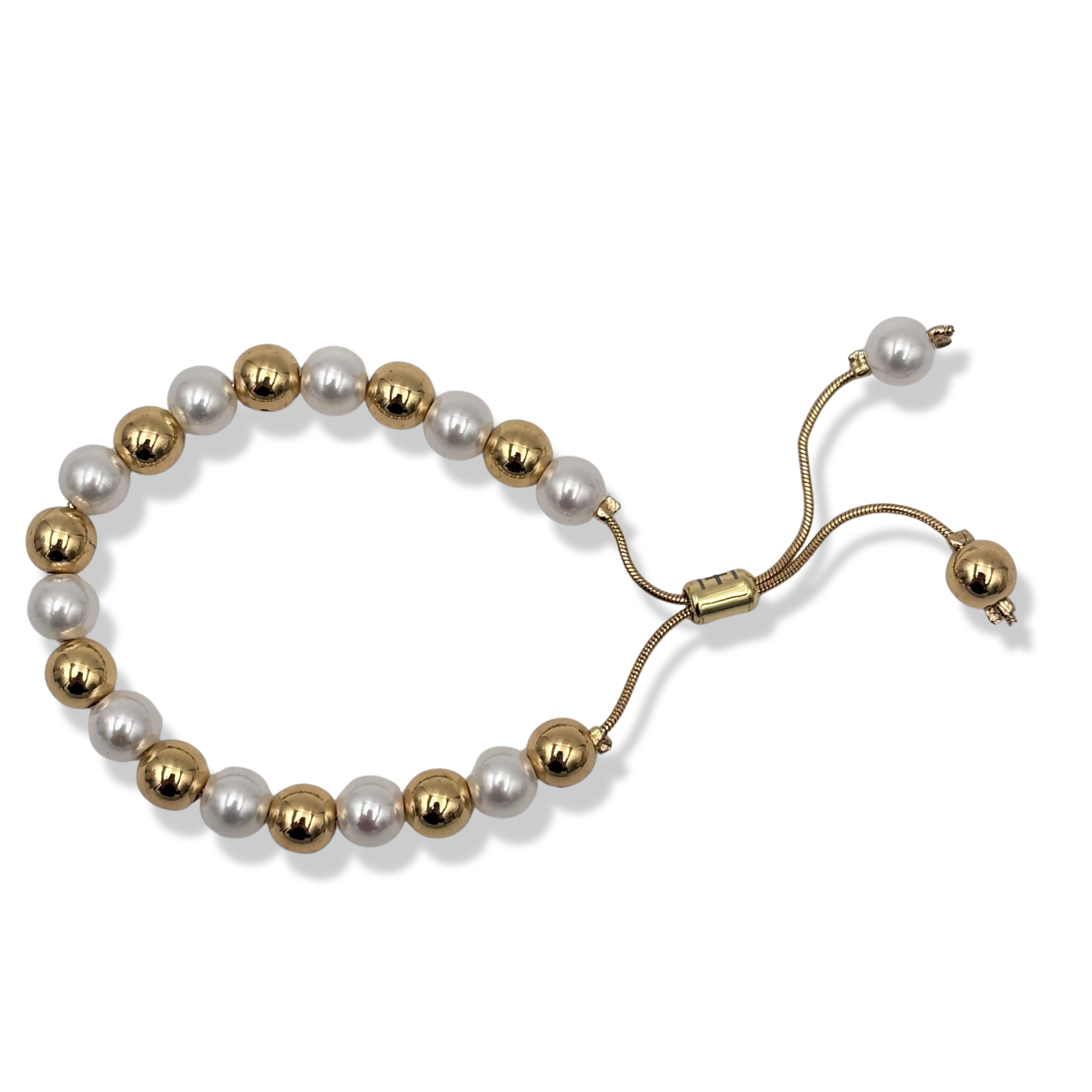 Gold and pearl beaded adjustable bracelet with sliding barrel clasp and snake chain pull by HOLST+LEE