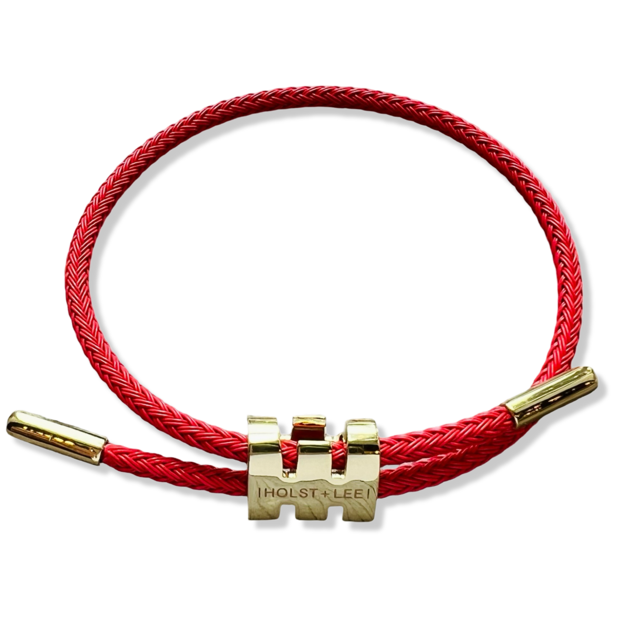 Red braided rope bracelet with gold sliding clasp by HOLST+LEE