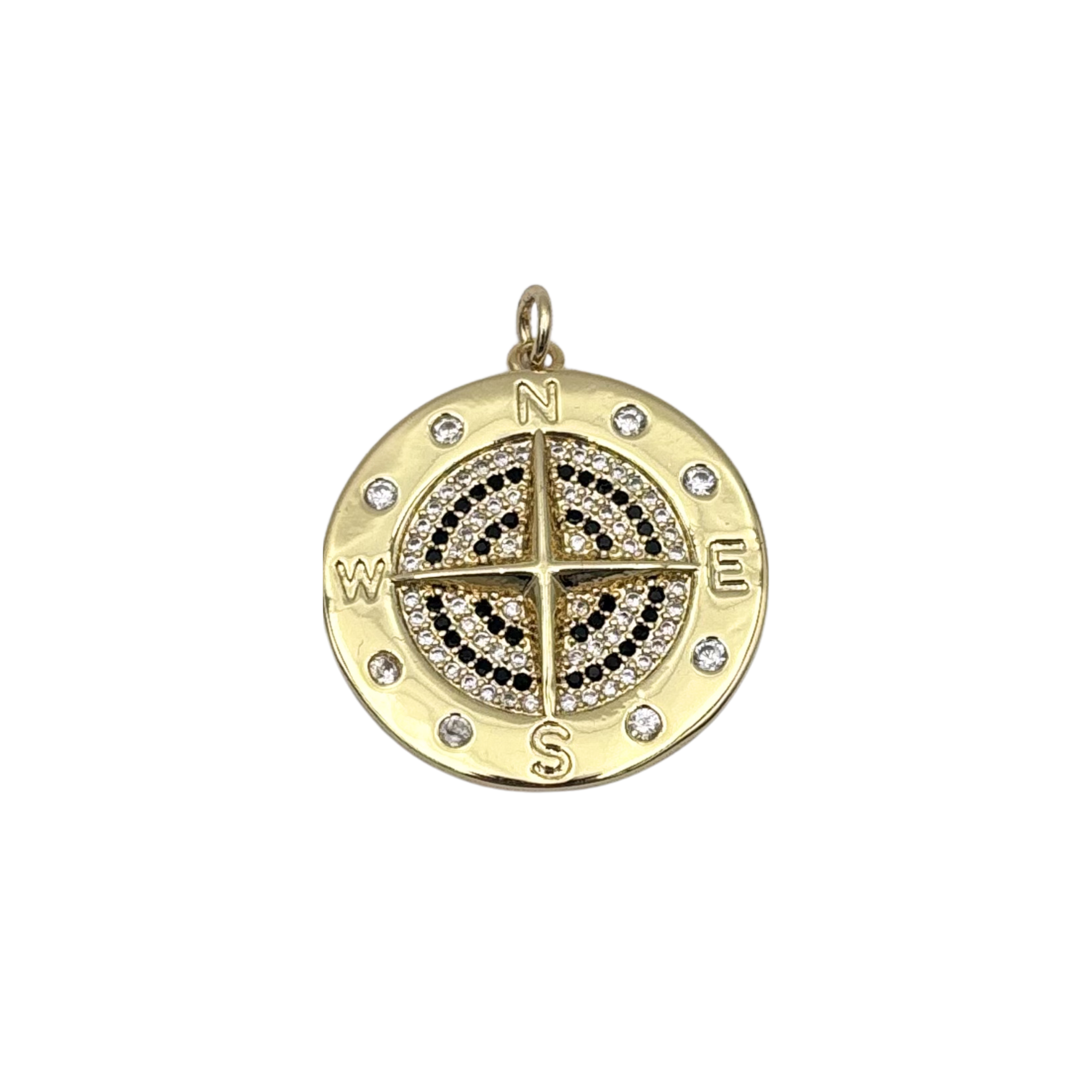 Gold compass pendant with pavé black and white diamonds, cardinal directions by HOLST+LEE