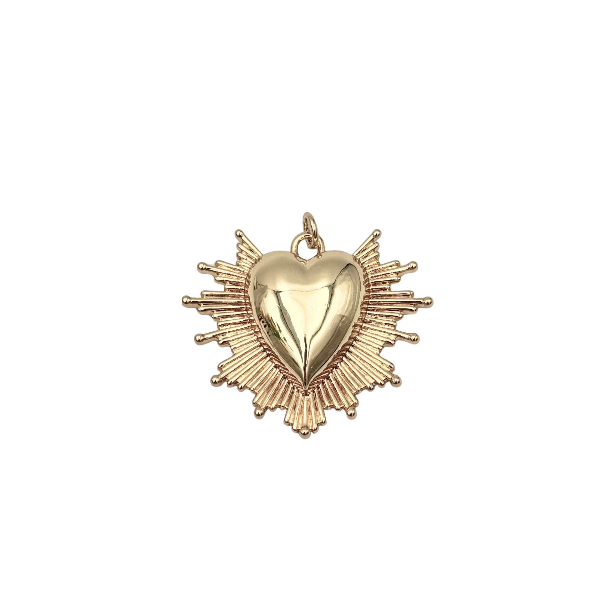 Gold Sacred Heart pendant with heart and ball-tipped sunburst rays by HOLST+LEE