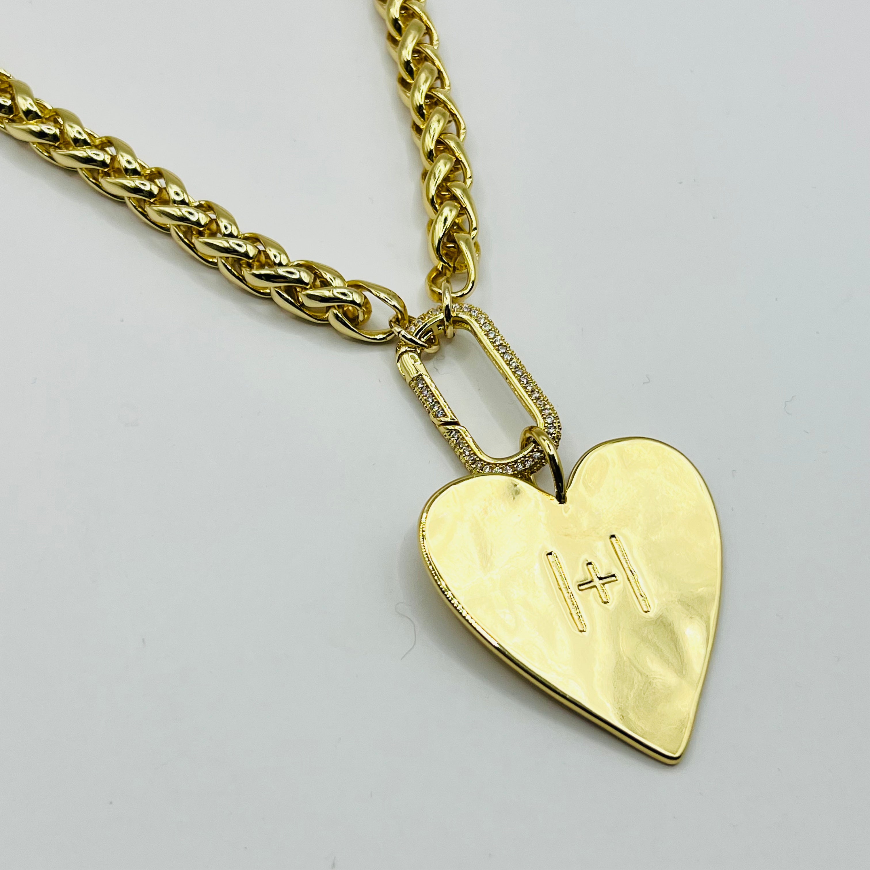 Gold Signature Pendant Necklace with Heart on Model