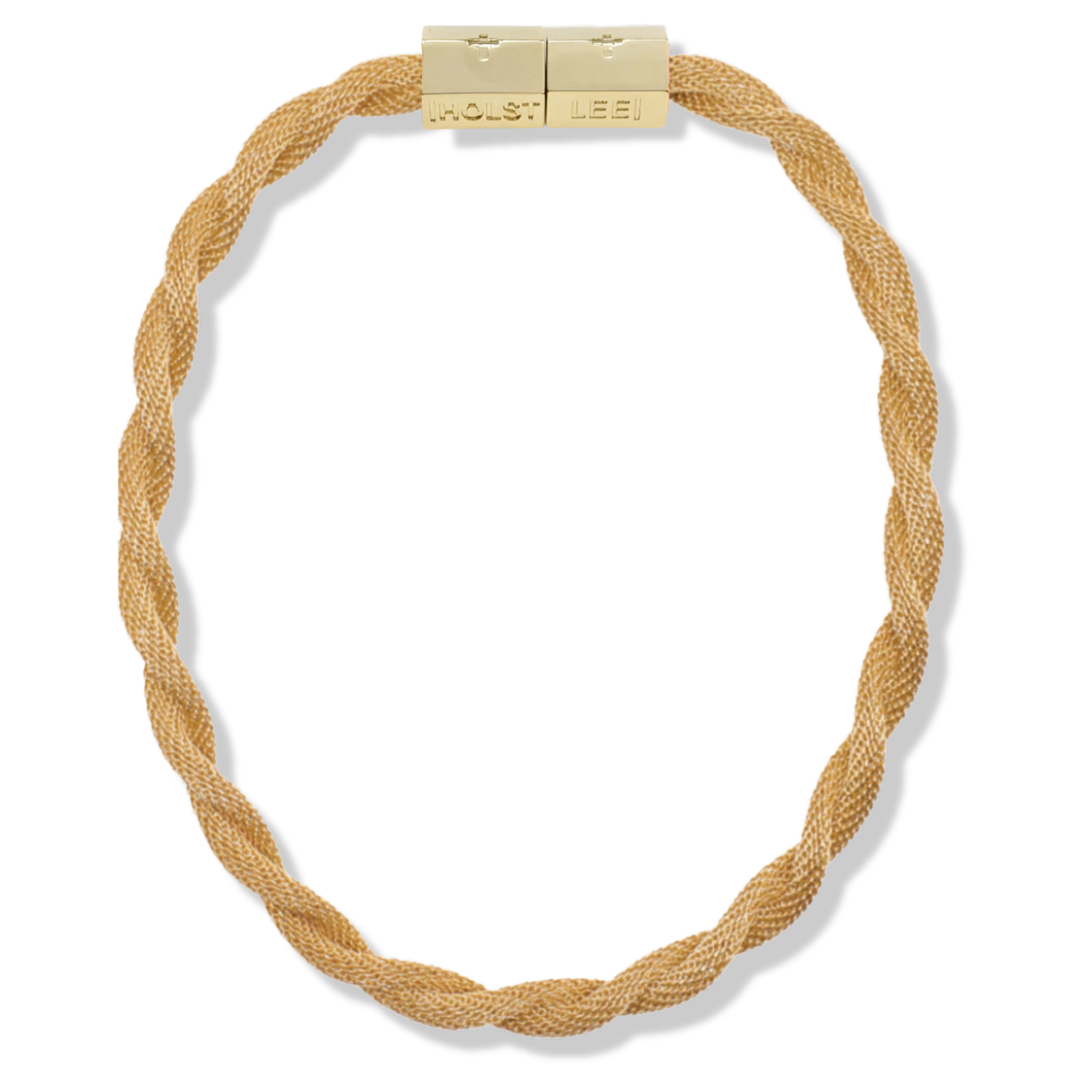 Gold twisted mesh necklace and gold magnetic clasped necklace by HOLST+LEE