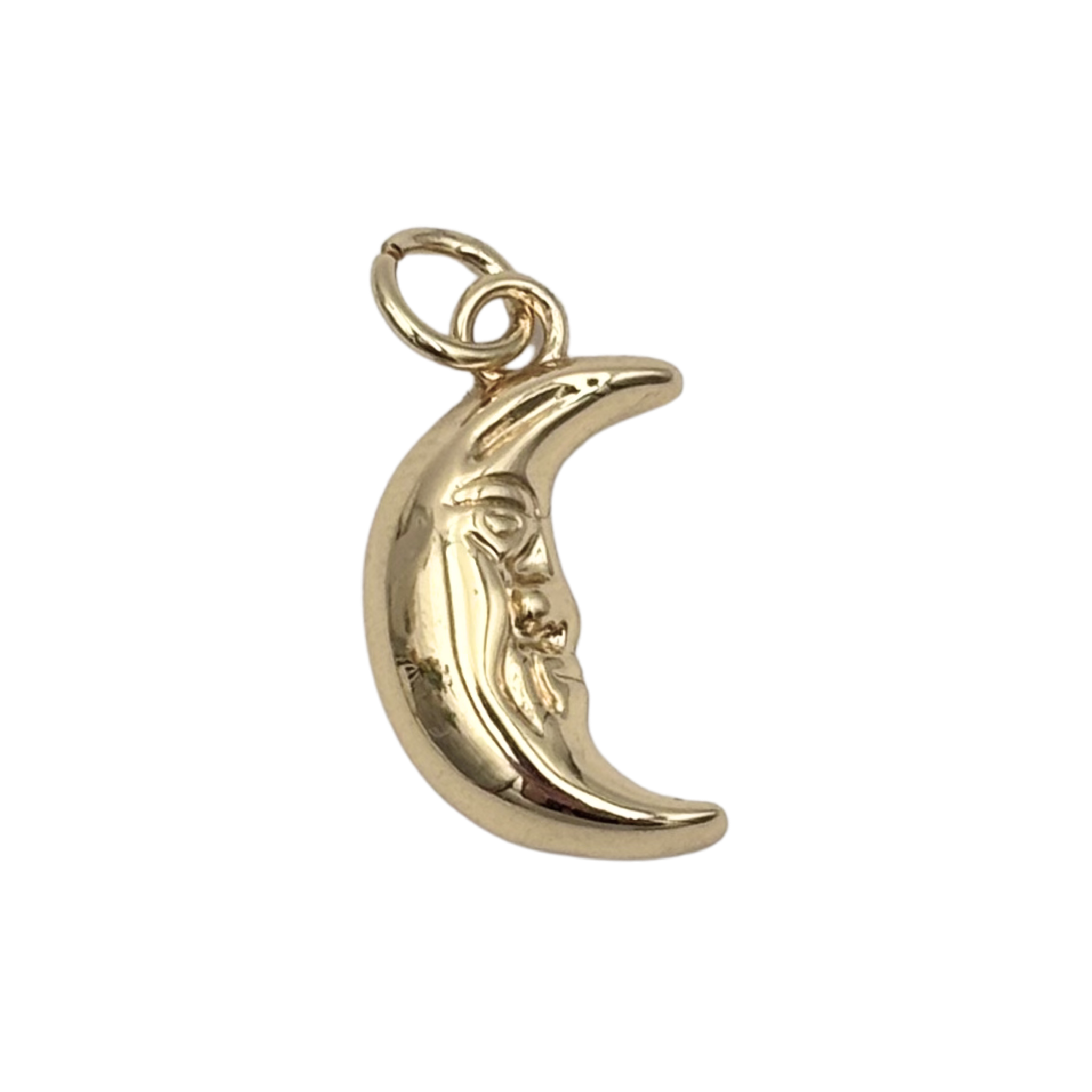 Polished gold crescent moon charm with sculpted human face profile by HOLST+LEE
