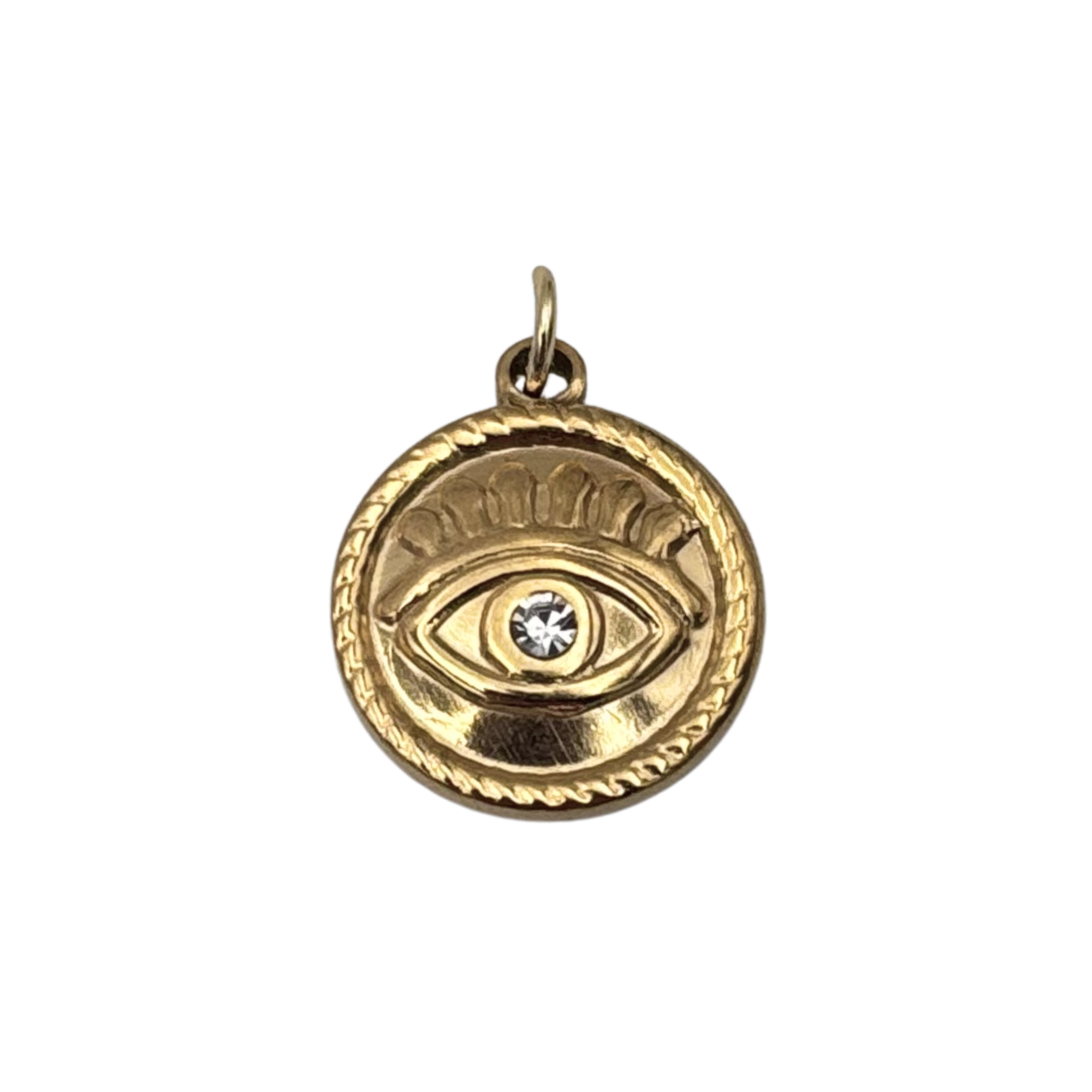 Gold evil eye medallion charm with diamond center, engraved lash detail, and twisted rope border by HOLST+LEE 