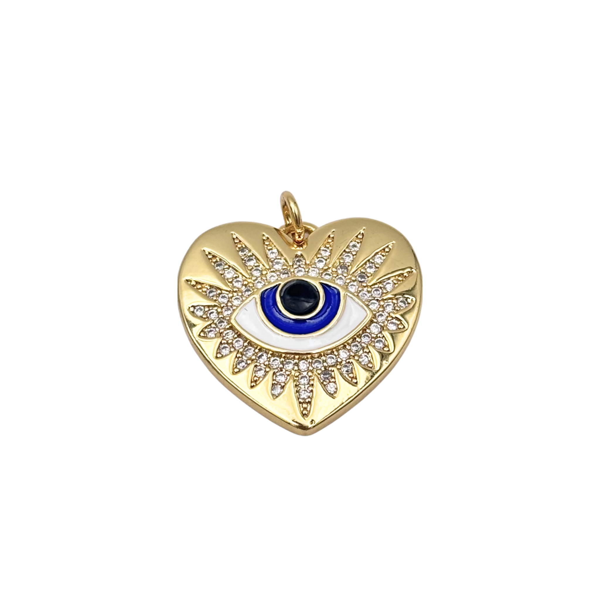 Gold heart charm with pavé crystal sunburst evil eye, blue and white enamel iris, black onyx pupil