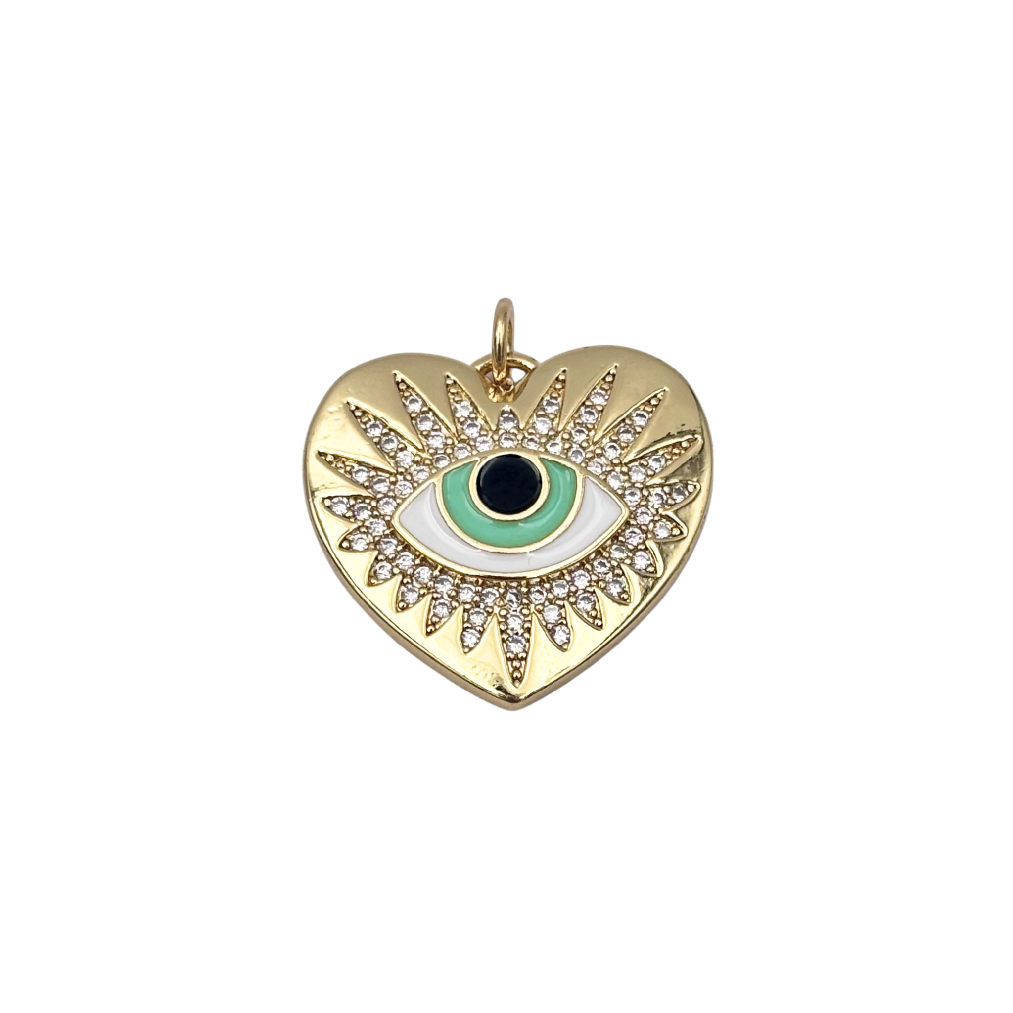 Gold heart charm with pavé crystal sunburst evil eye, mint and white enamel iris, black onyx pupil
