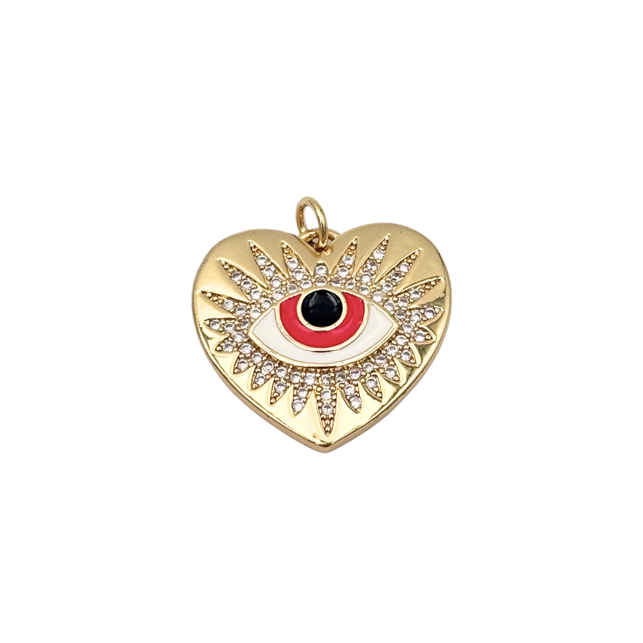 Gold heart charm with pavé crystal sunburst evil eye, red and white enamel iris, black onyx pupil by HOLST+LEE
