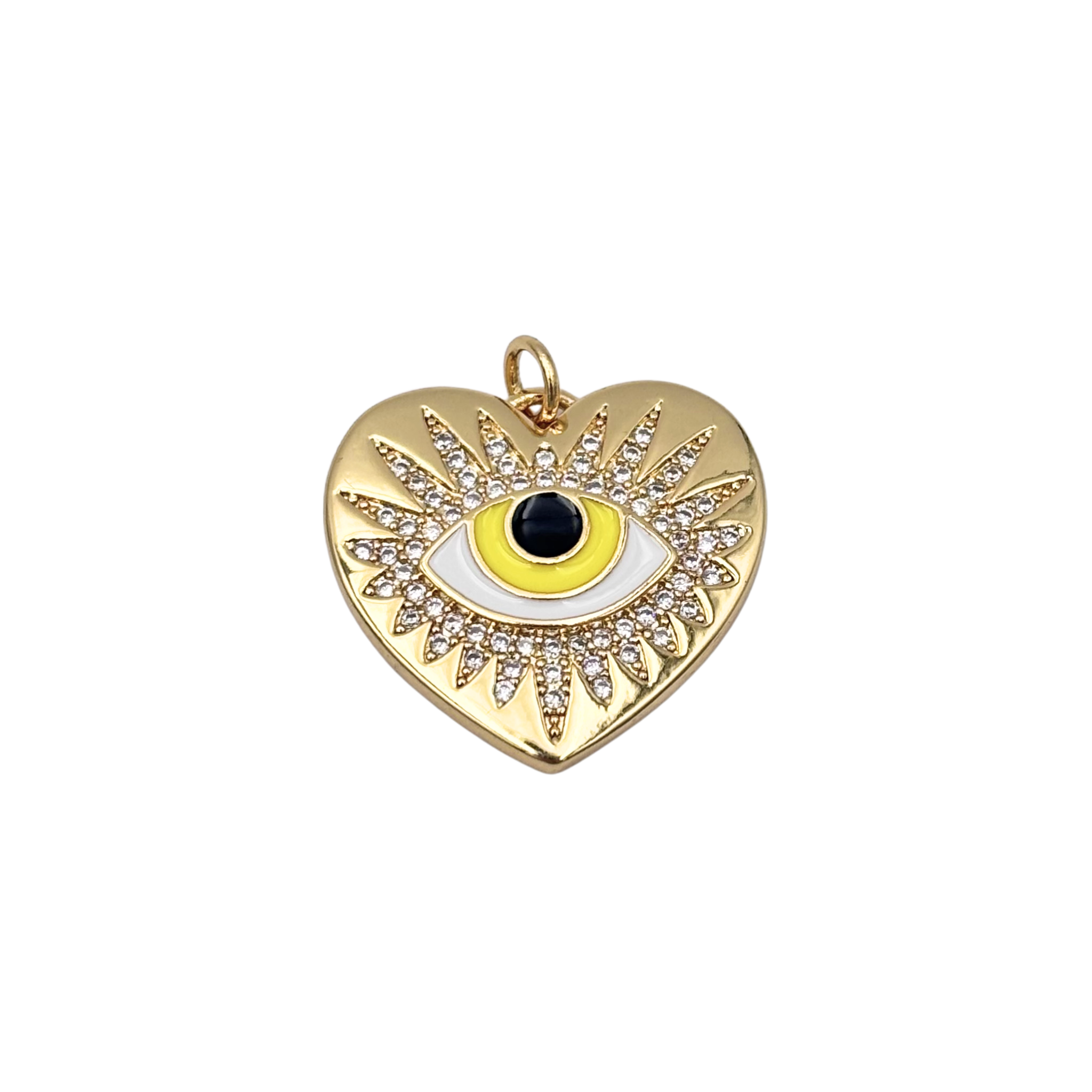 Gold heart charm with pavé crystal sunburst evil eye, yellow and white enamel iris, black onyx pupil