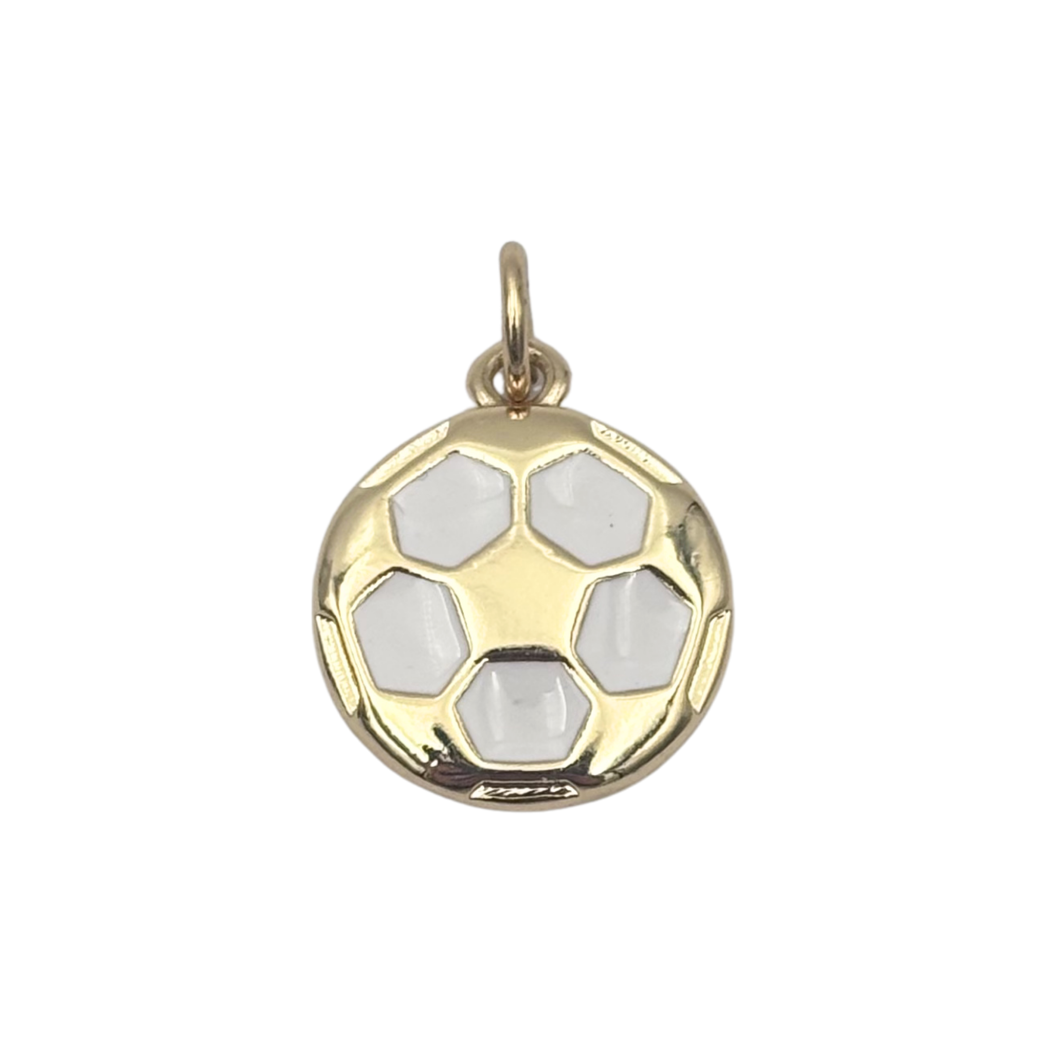 Polished gold soccer ball charm with recessed white enamel pentagon panels by HOLST+LEE