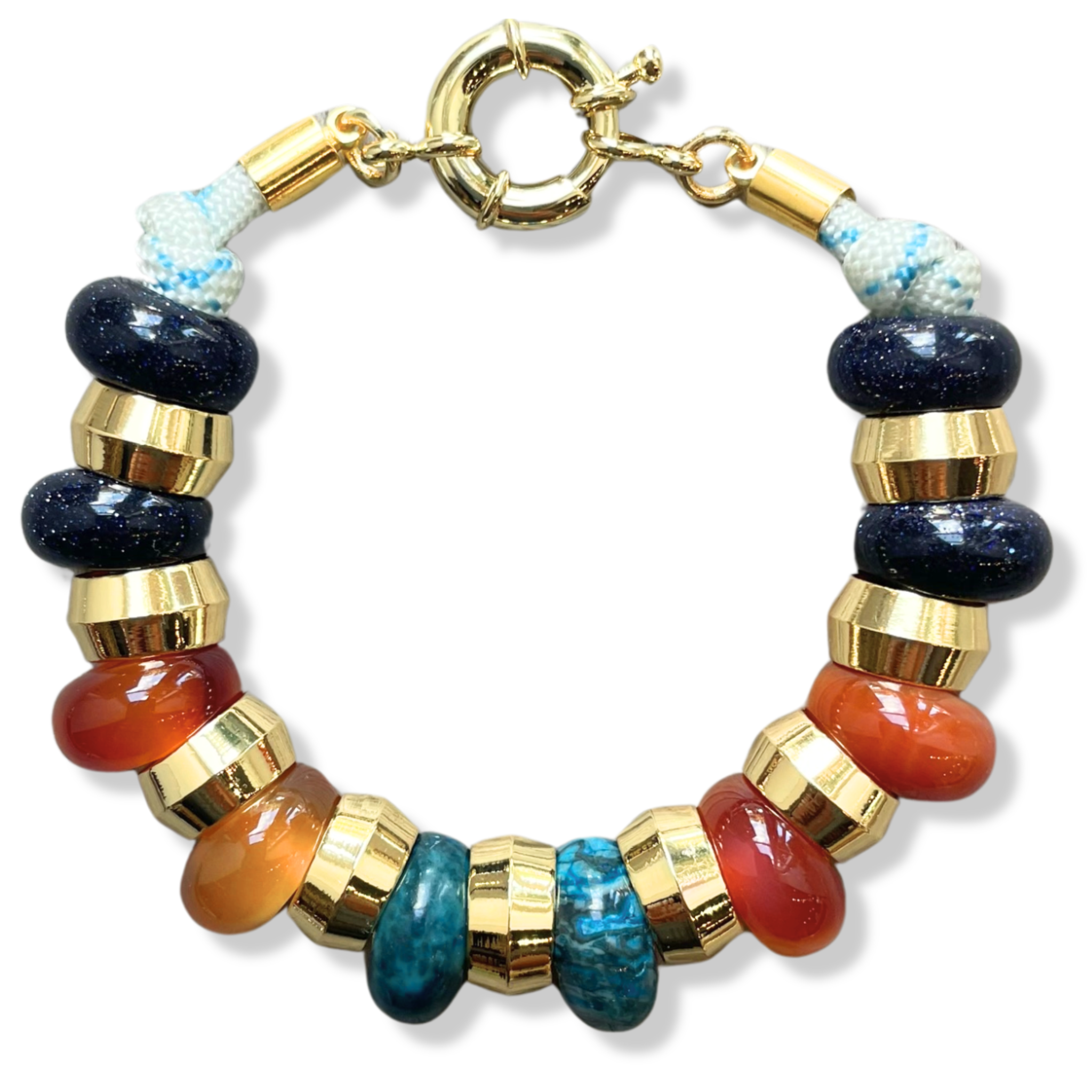 Black, Blue, Orange semi-precious gemstone beaded necklace with gold accents and toggle clasp by HOLST+LEE