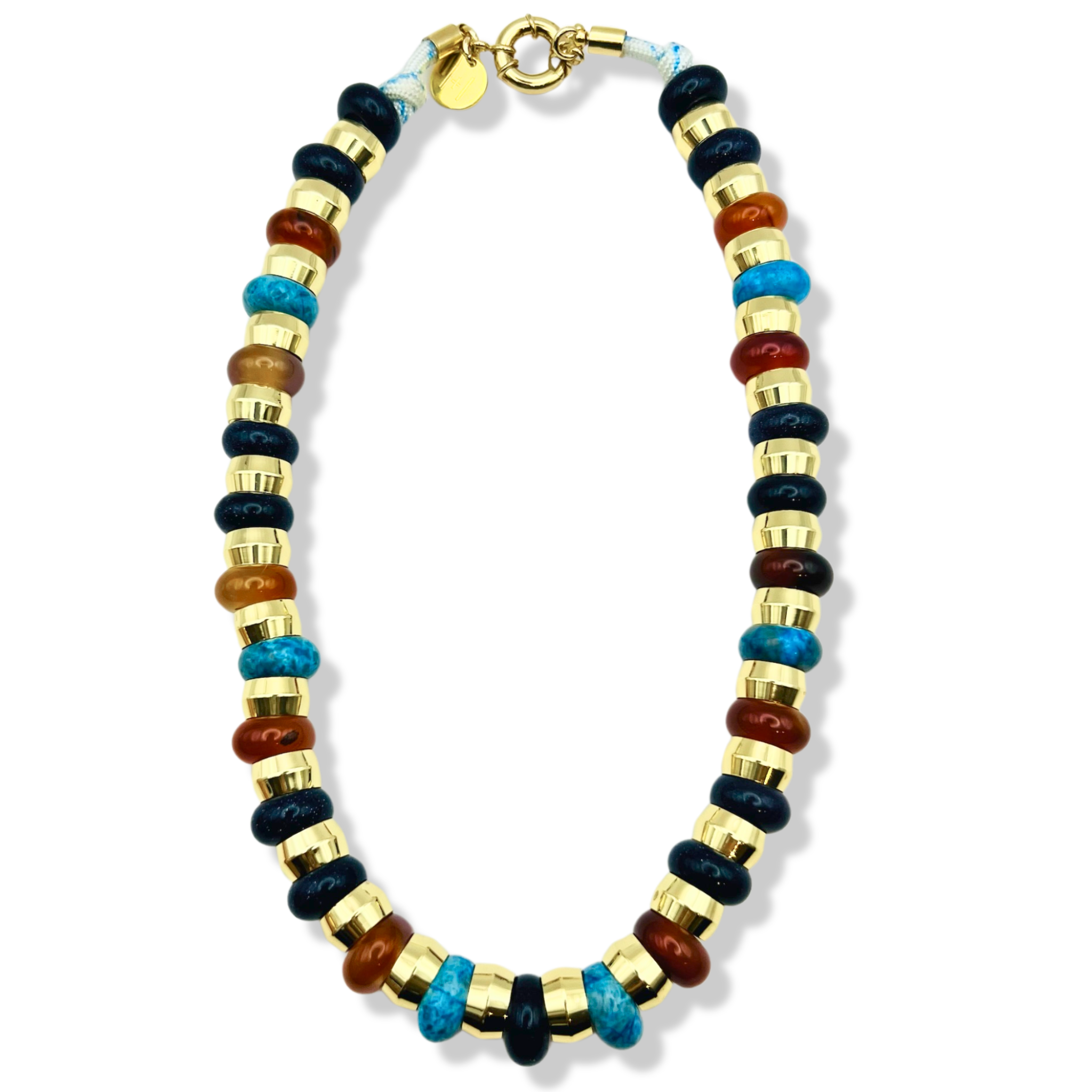 yellow, turquoise, and black semi-precious gemstone beaded necklace with gold accents and toggle clasp by HOLST+LEE