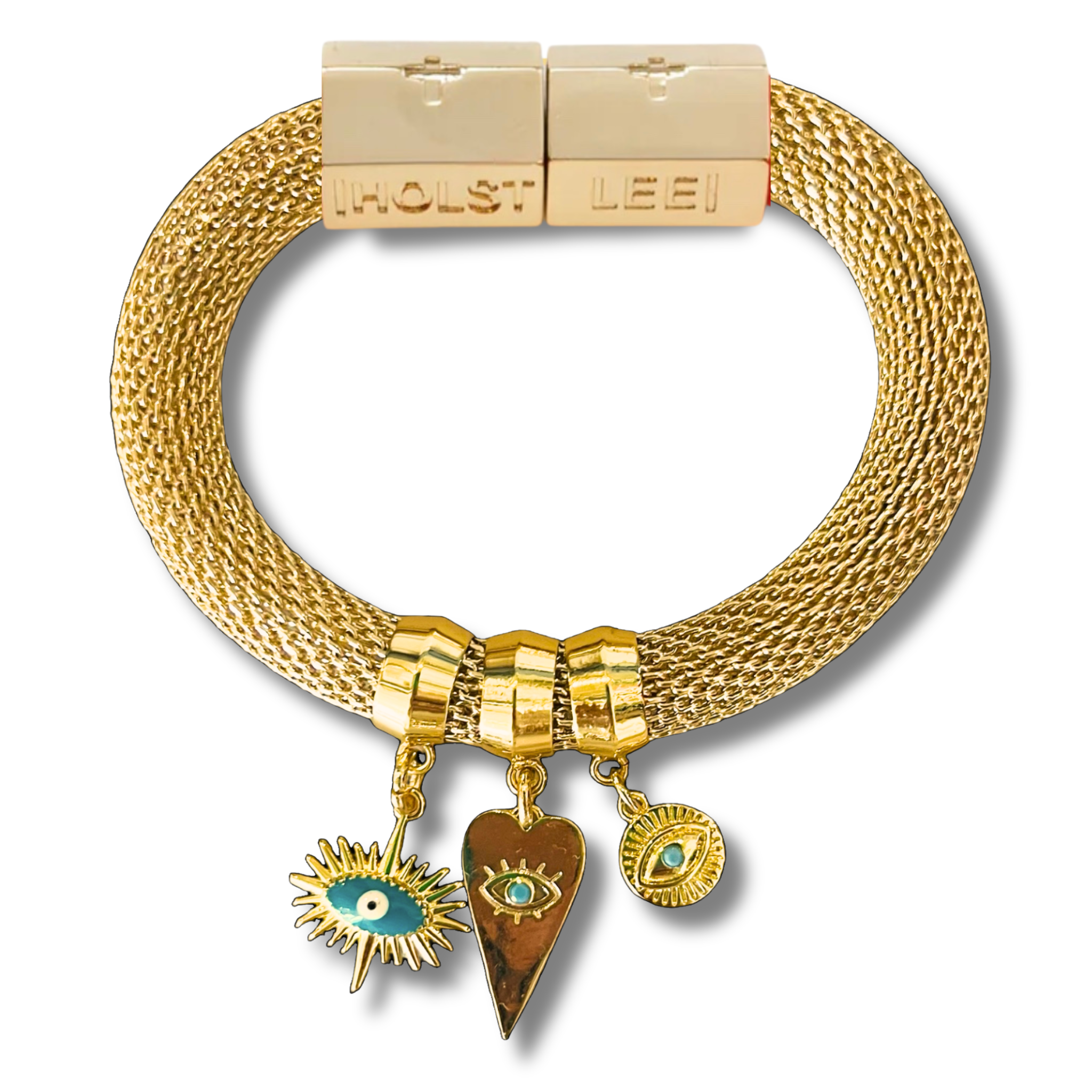Gold woven mesh bracelet with 18K gold-filled magnetic clasped bracelet and ferrule accents by HOLST+LEE