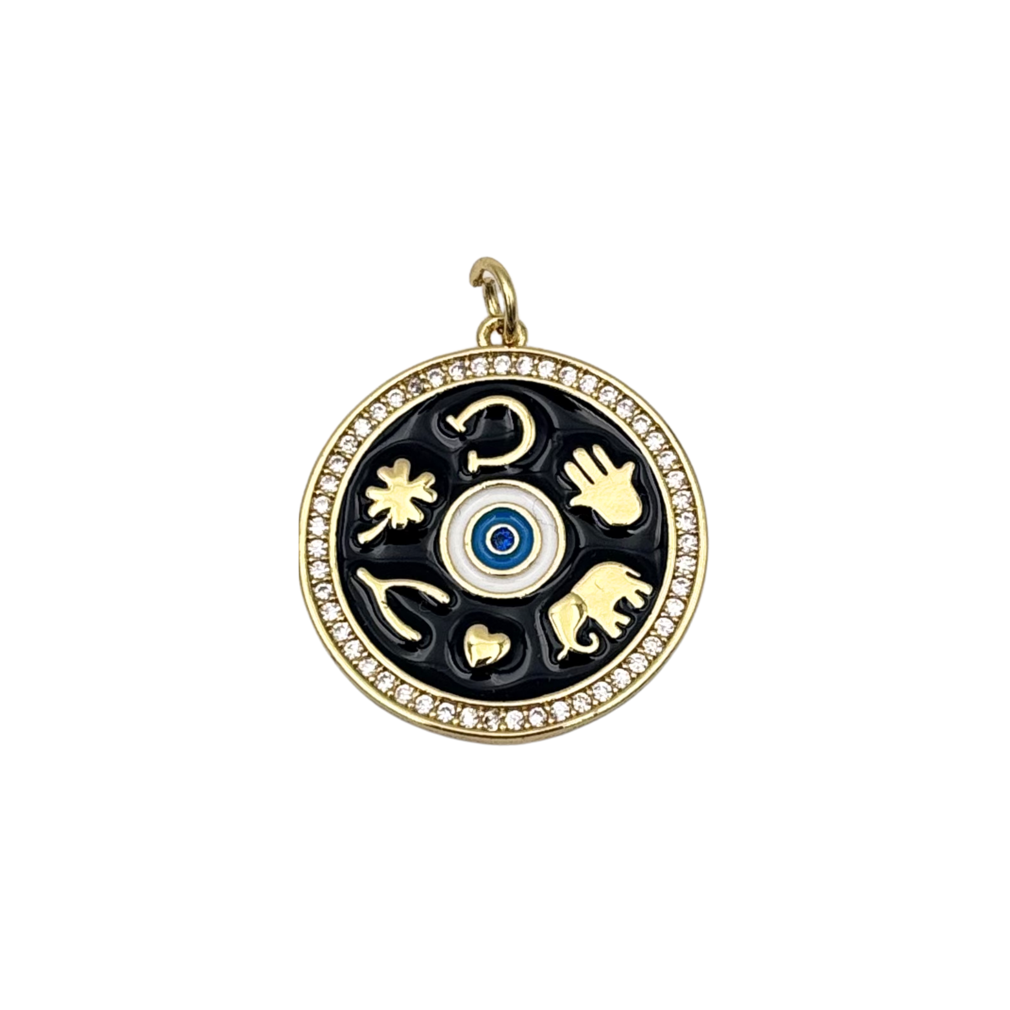 Black enamel good protection charm with hamsa, elephant, evil eye, and lucky symbols in gold, pavé diamond halo border by HOLST+LEE