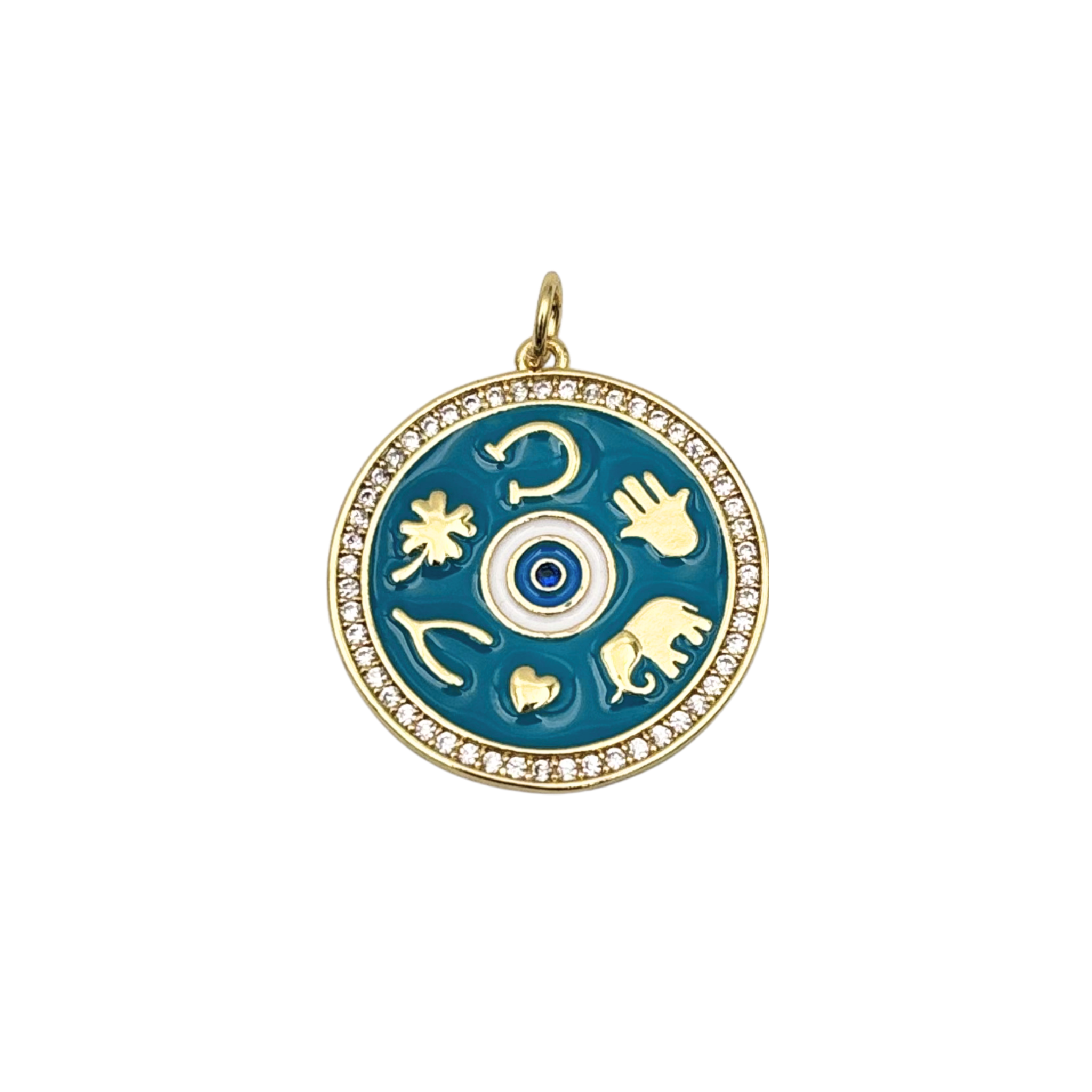 Blue teal enamel good protection charm with hamsa, elephant, evil eye, and lucky symbols in gold, pavé diamond halo border by HOLST+LEE