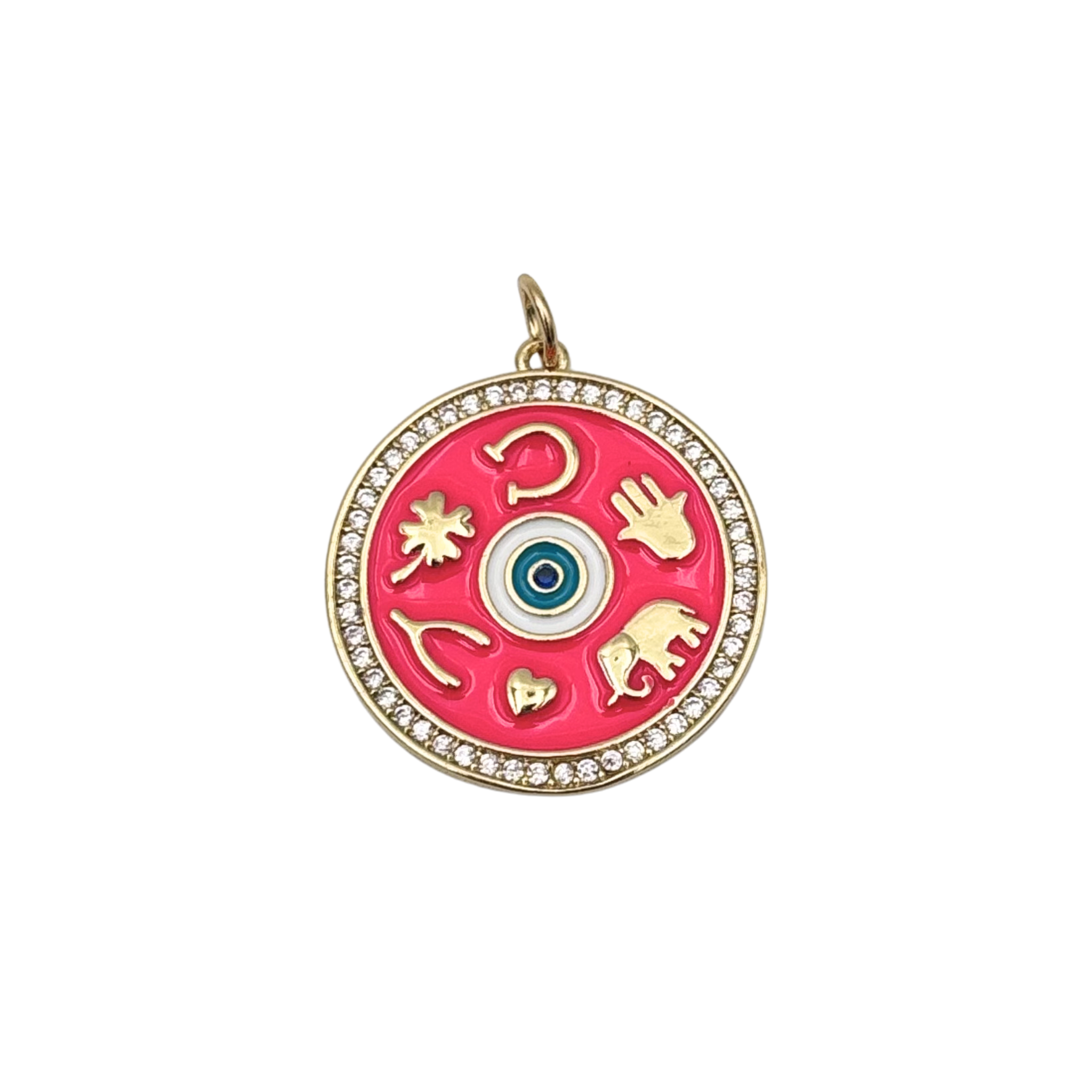 Hot Pink enamel good protection charm with hamsa, elephant, evil eye, and lucky symbols in gold, pavé diamond halo border by HOLST+LEE