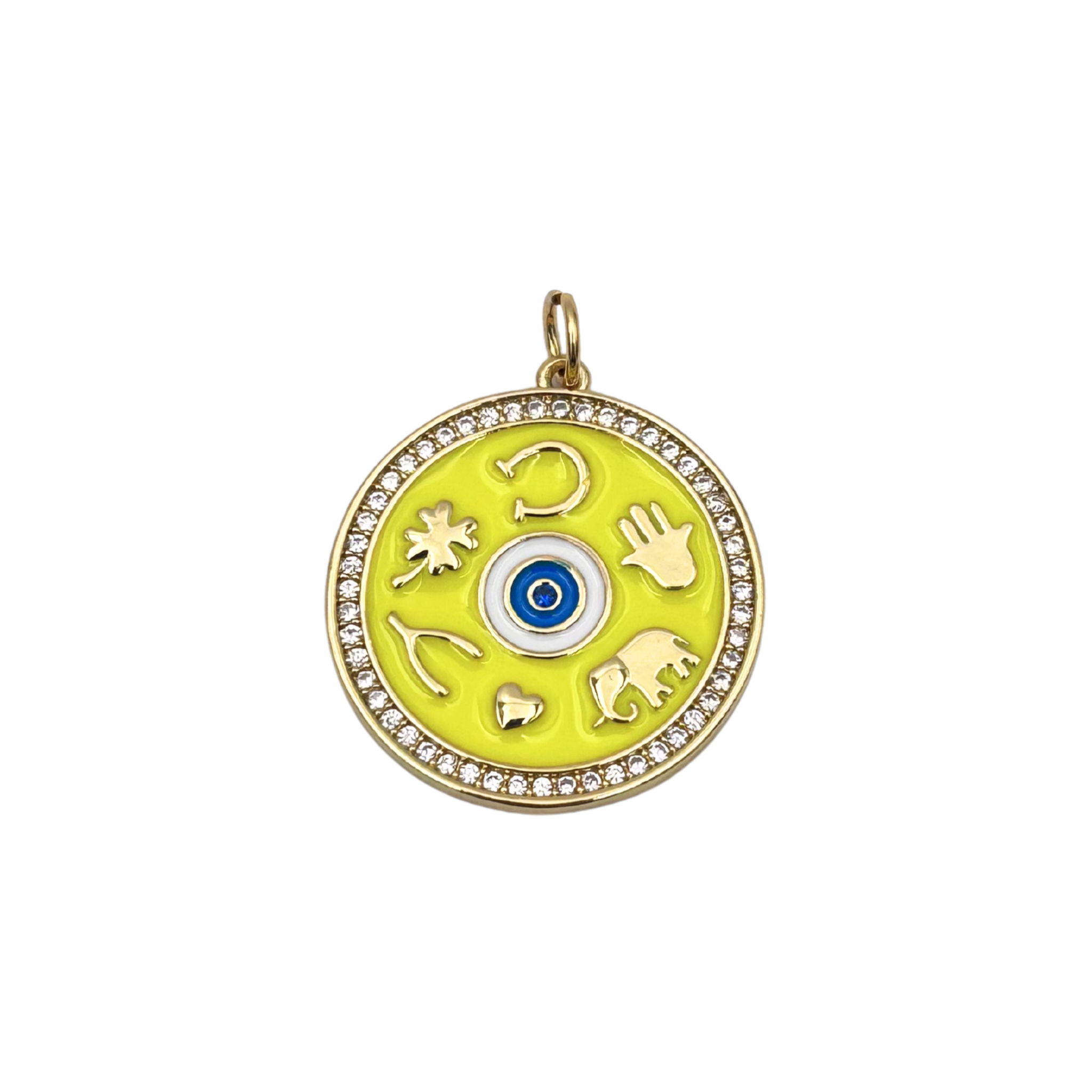 Neon yellow enamel good protection charm with hamsa, elephant, evil eye, and lucky symbols in gold, pavé diamond halo border by HOLST+LEE
