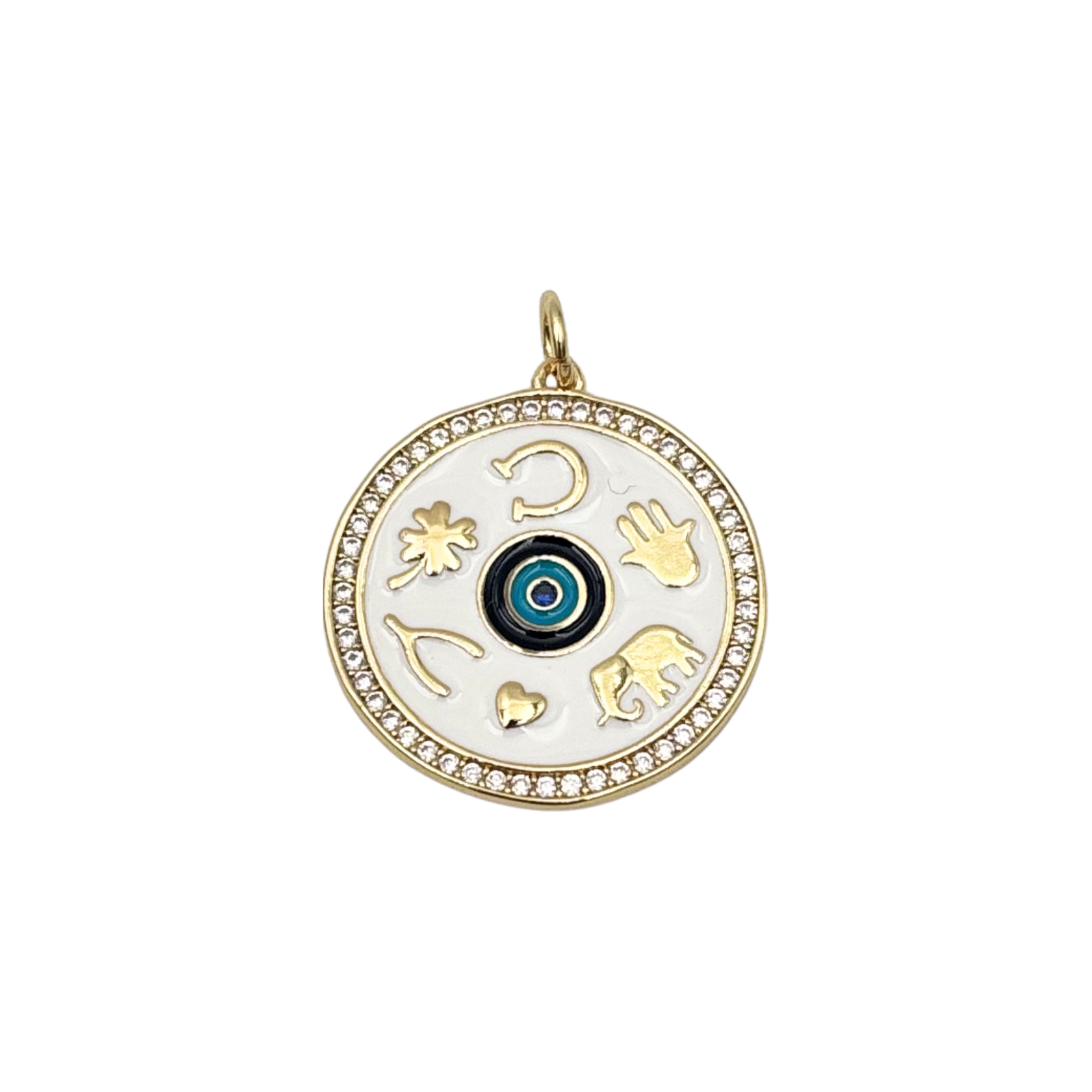 White enamel good protection charm with hamsa, elephant, evil eye, and lucky symbols in gold, pavé diamond halo border by HOLST+LEE