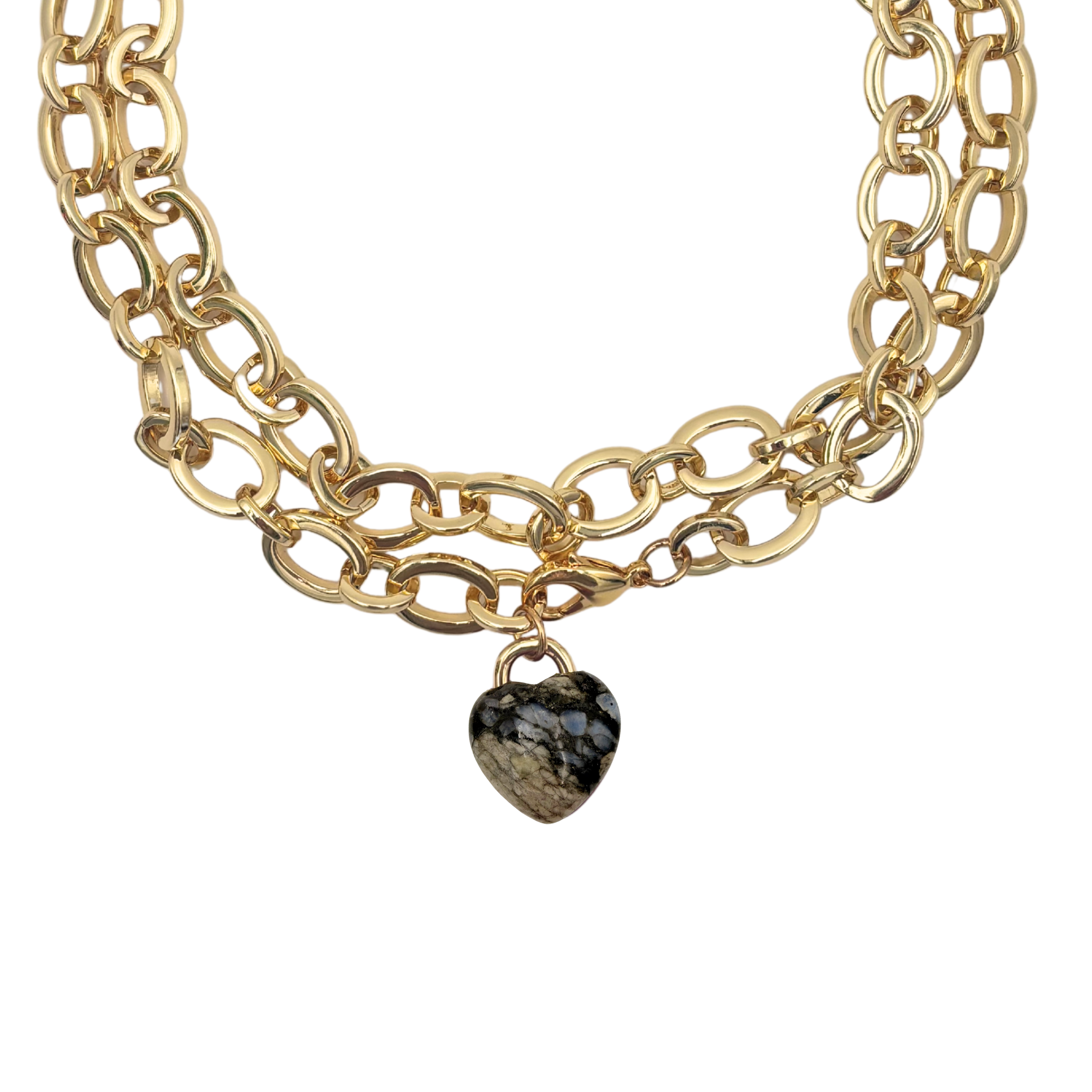 Chunky gold oval chain link necklace with gray agate heart pendant by HOLST+LEE