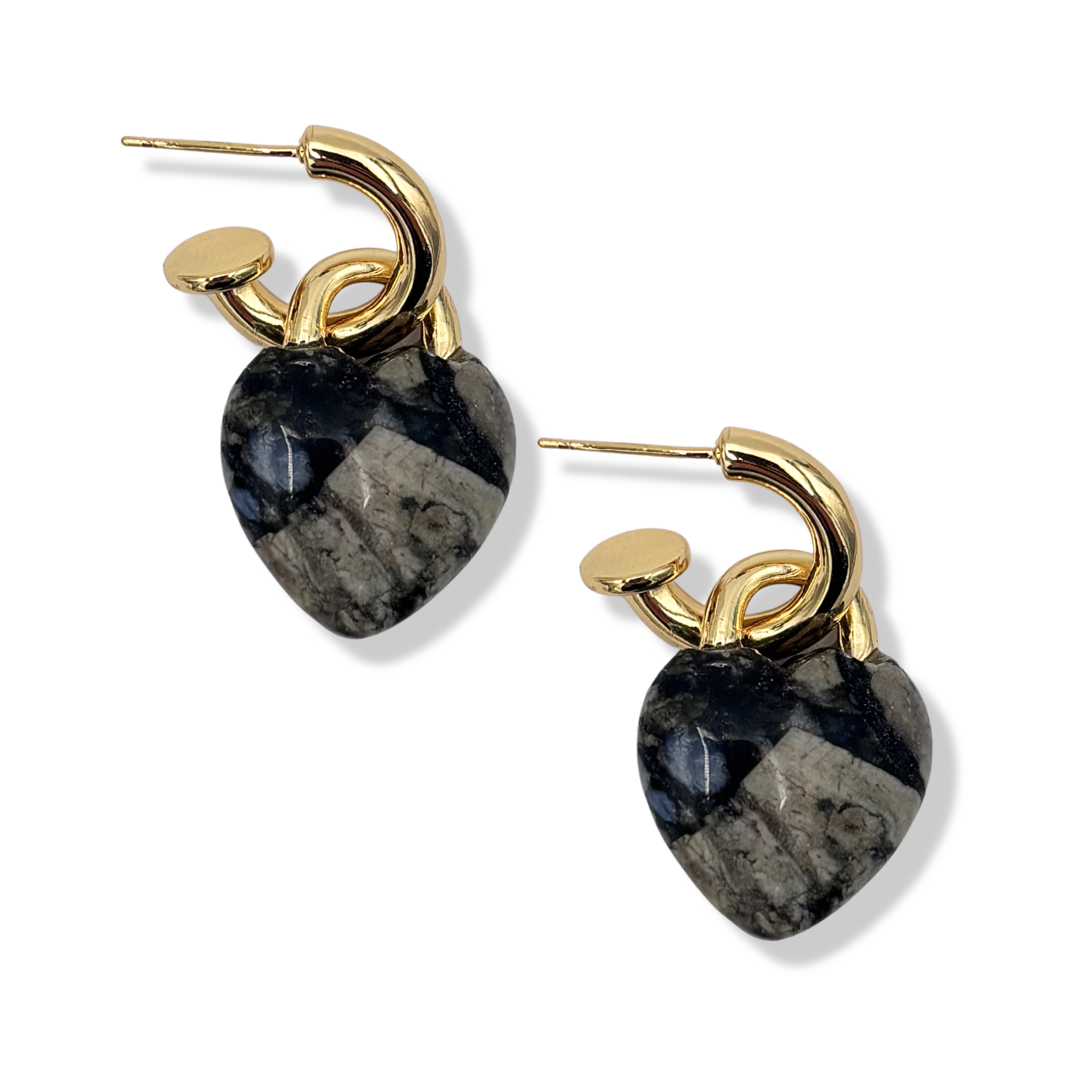 Heart-shaped semi-precious gray agate stone drop earrings with gold padlock-style hoop by HOLST+LEE