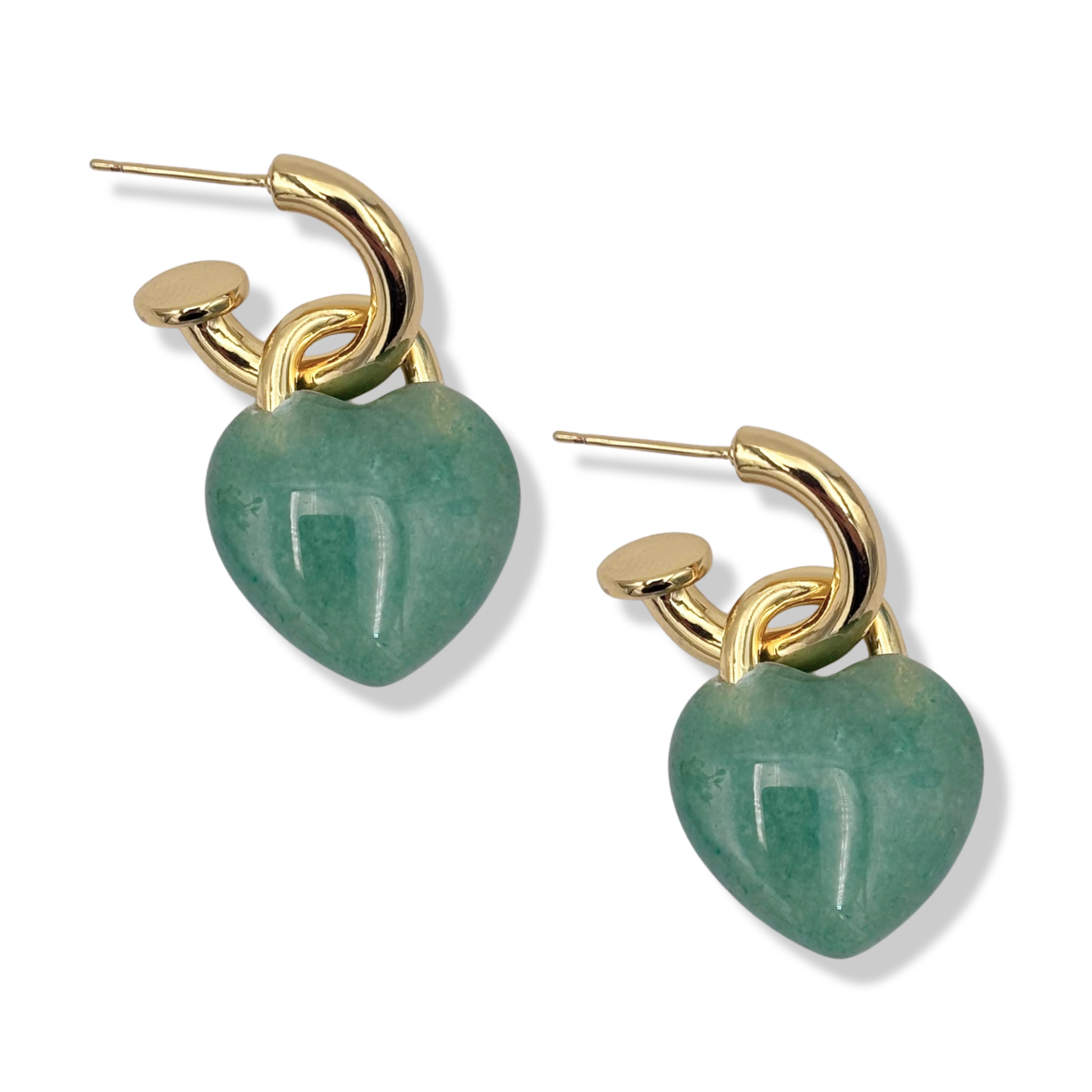 Heart-shaped semi-precious green adventurine stone drop earrings with gold padlock-style hoop by HOLST+LEE