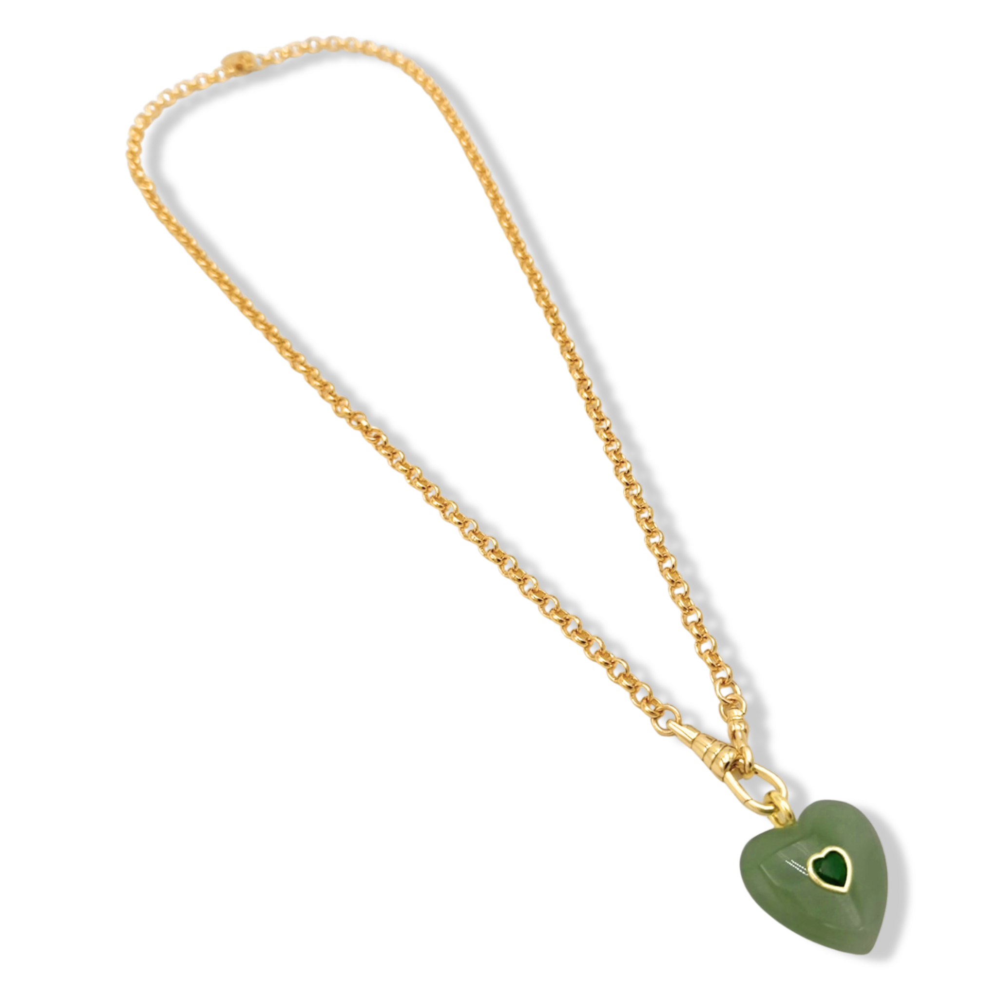 Gold rolo chain necklace with green aventurine heart pendant by HOLST+LEE