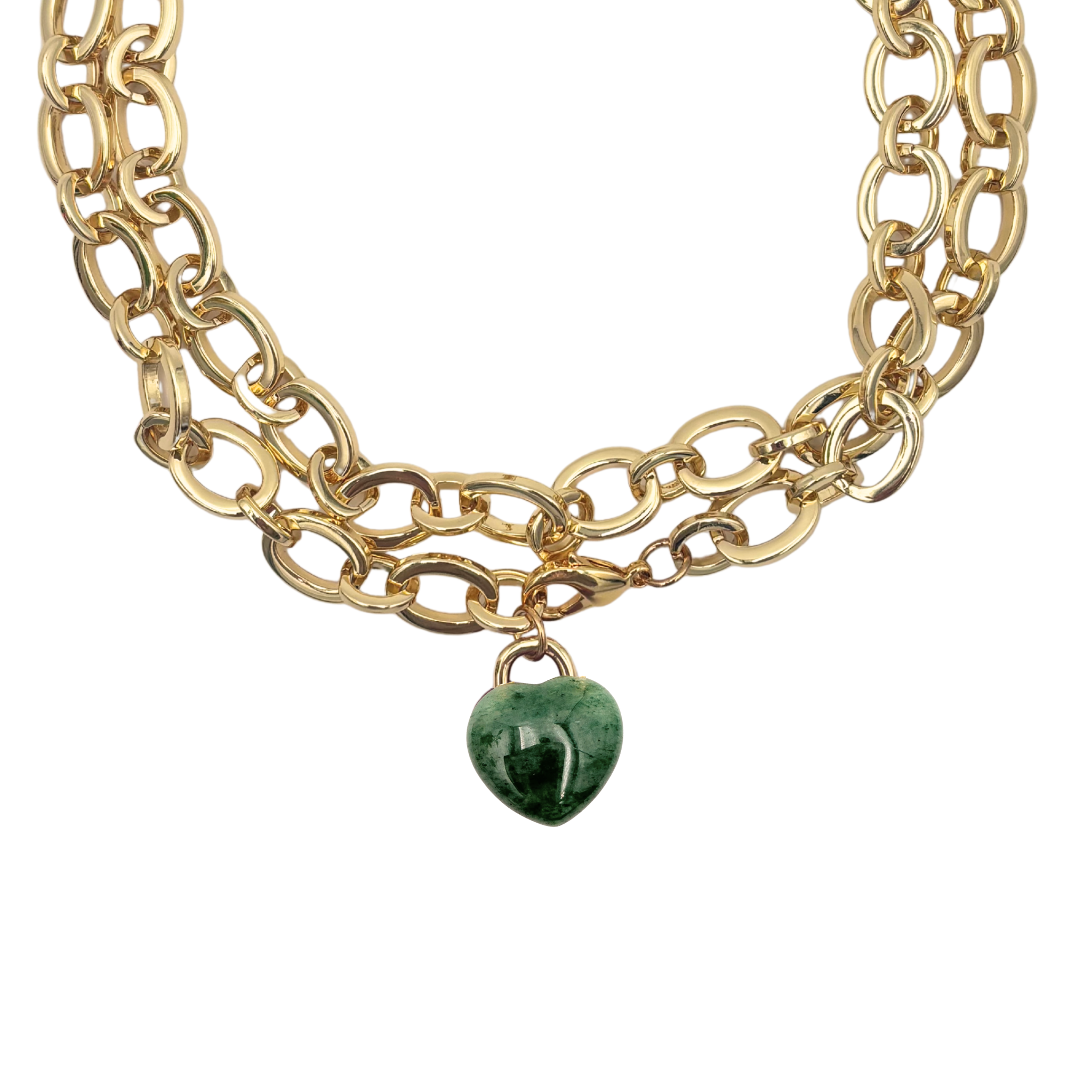 Chunky gold oval chain link necklace with green aventurine heart pendant by HOLST+LEE