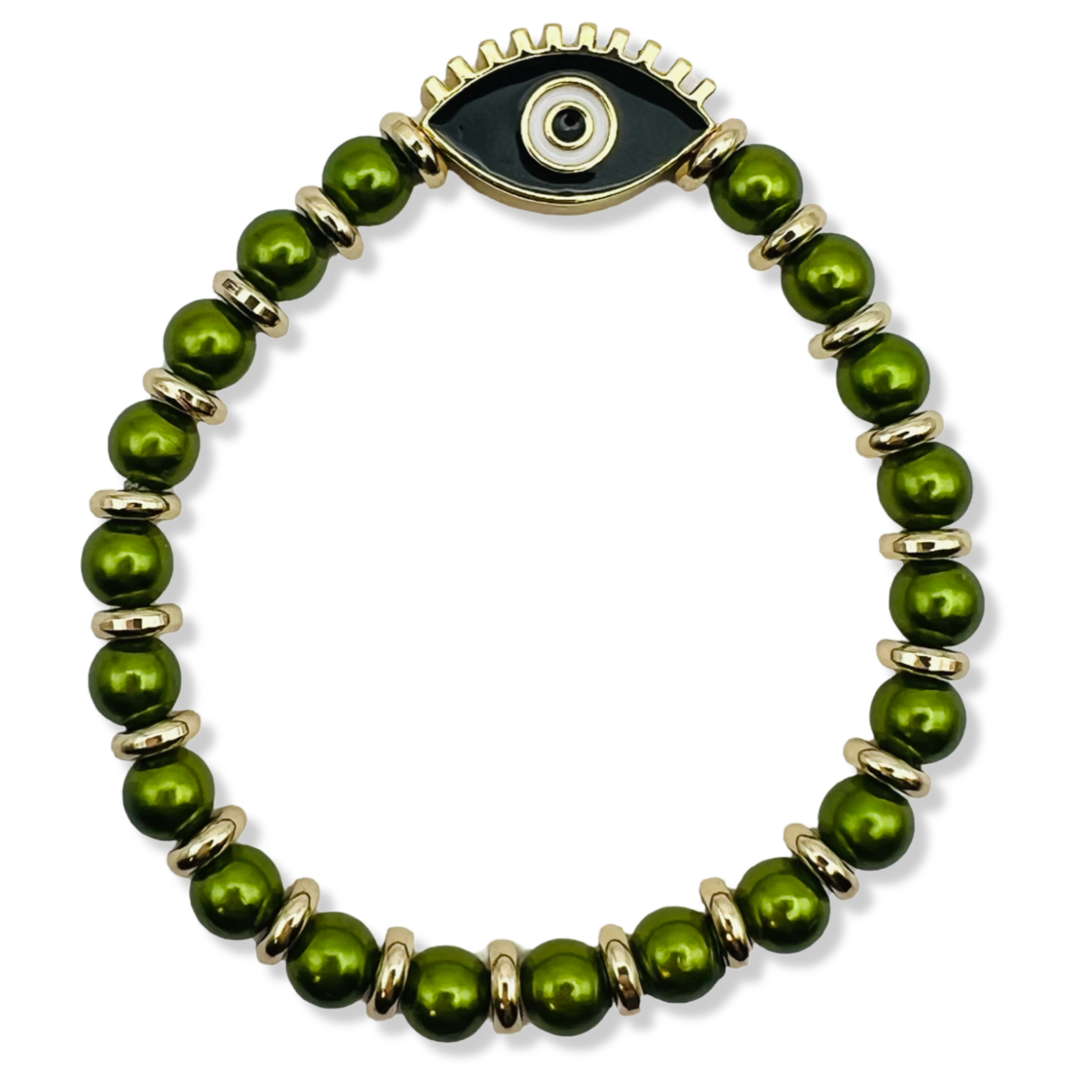 Green pearl and gold rondelle stretch bracelet with black enamel evil eye centerpiece by HOLST+LEE