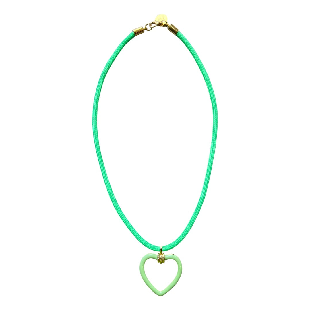 Green colored paracord necklace with  gold-filled and green enamel heart-shaped charm by HOLST+LEE