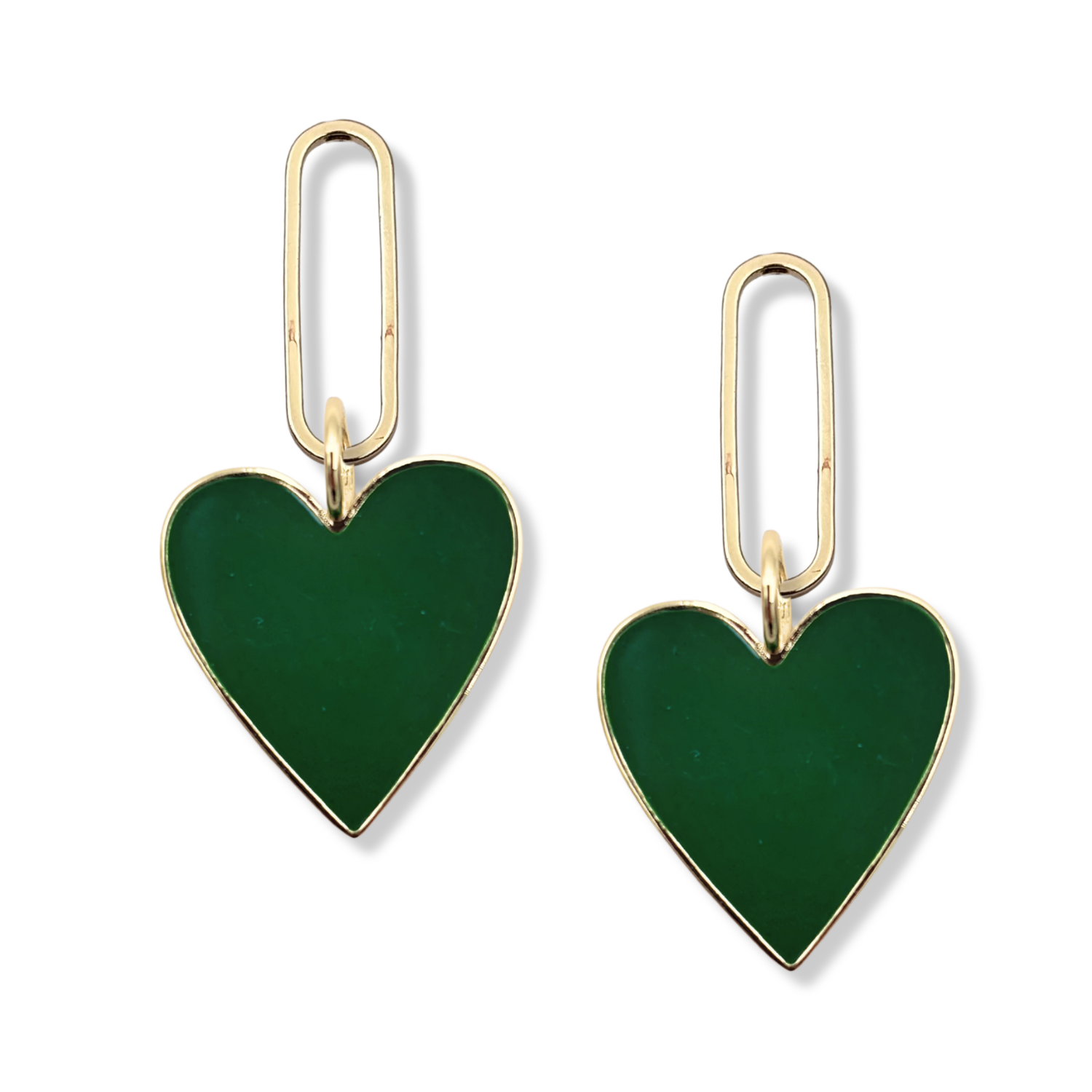 Green enamel heart dangle earrings with gold paperclip oval link topper by HOLST+LEE