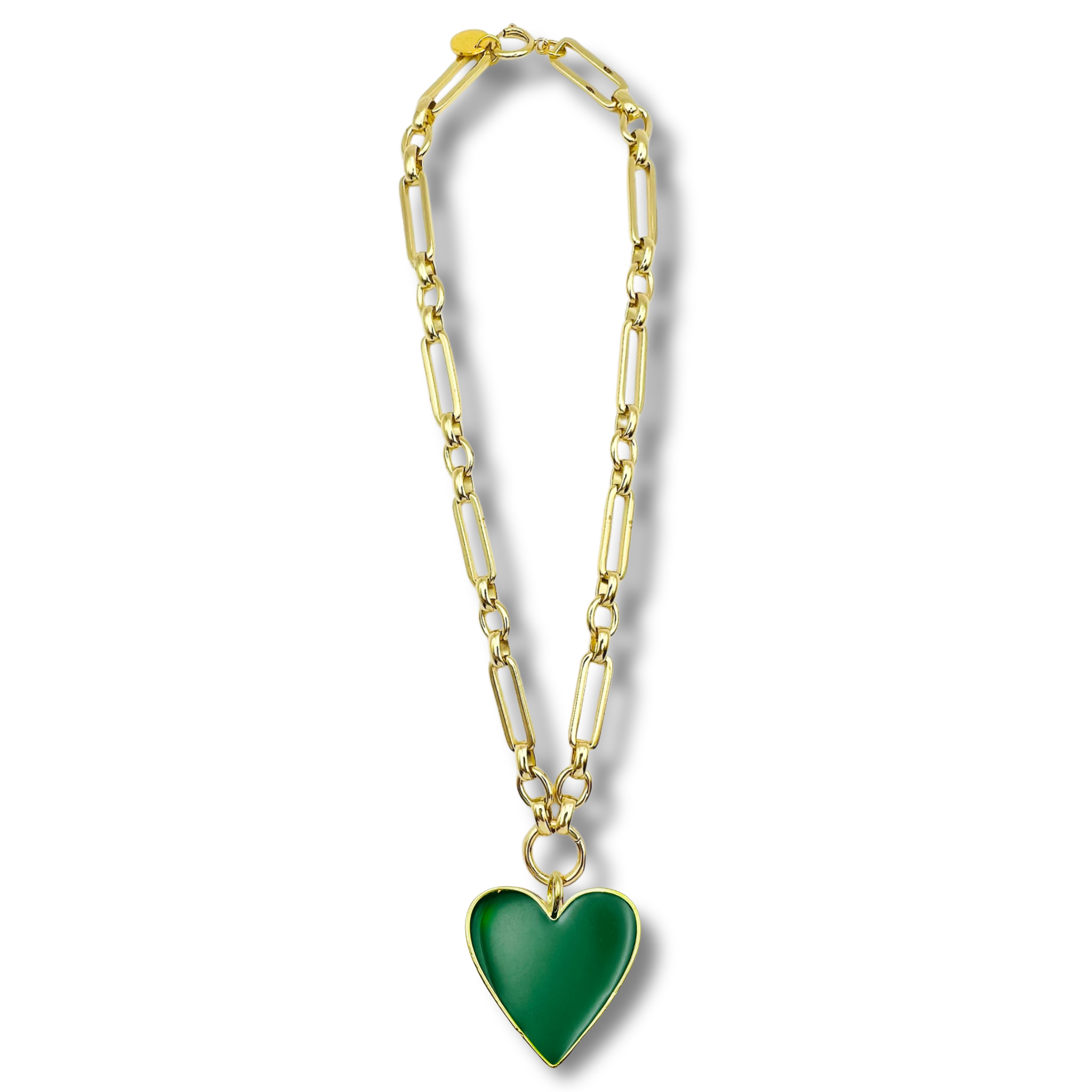 Green chunky link chain necklace with large gold heart pendant by HOLST+LEE