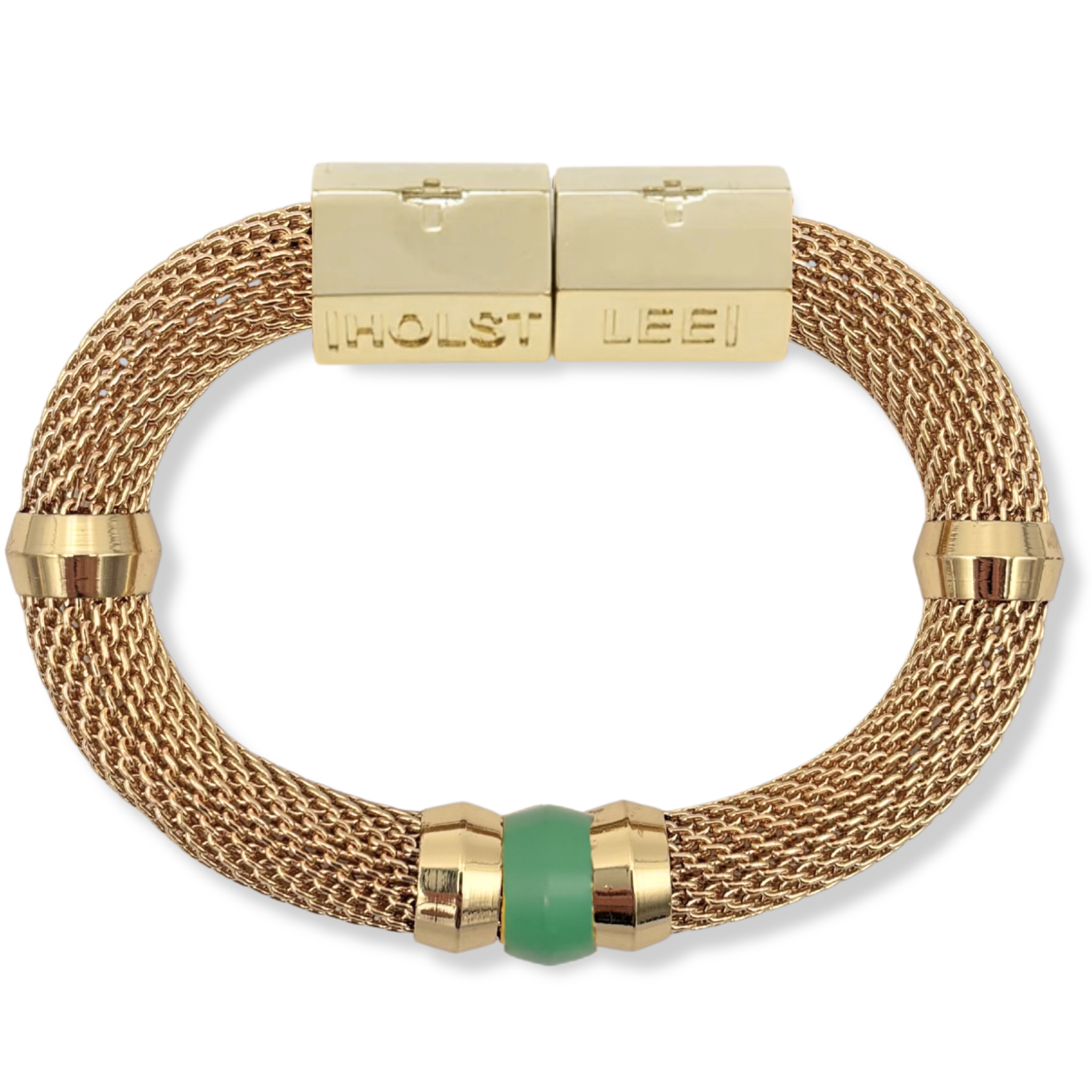 Gold woven mesh bracelet with green ferrule accent and 18K gold-filled magnetic clasped bracelet by HOLST+LEE