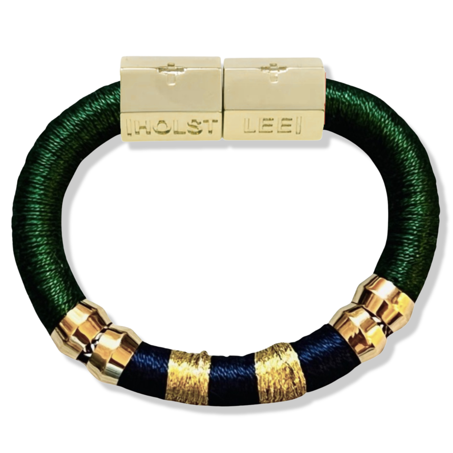 Green, navy, and gold colorblock thread wrapped bracelet with 18K gold-filled magnetic clasped bracelet and gold ferrule accents by HOLST+LEE