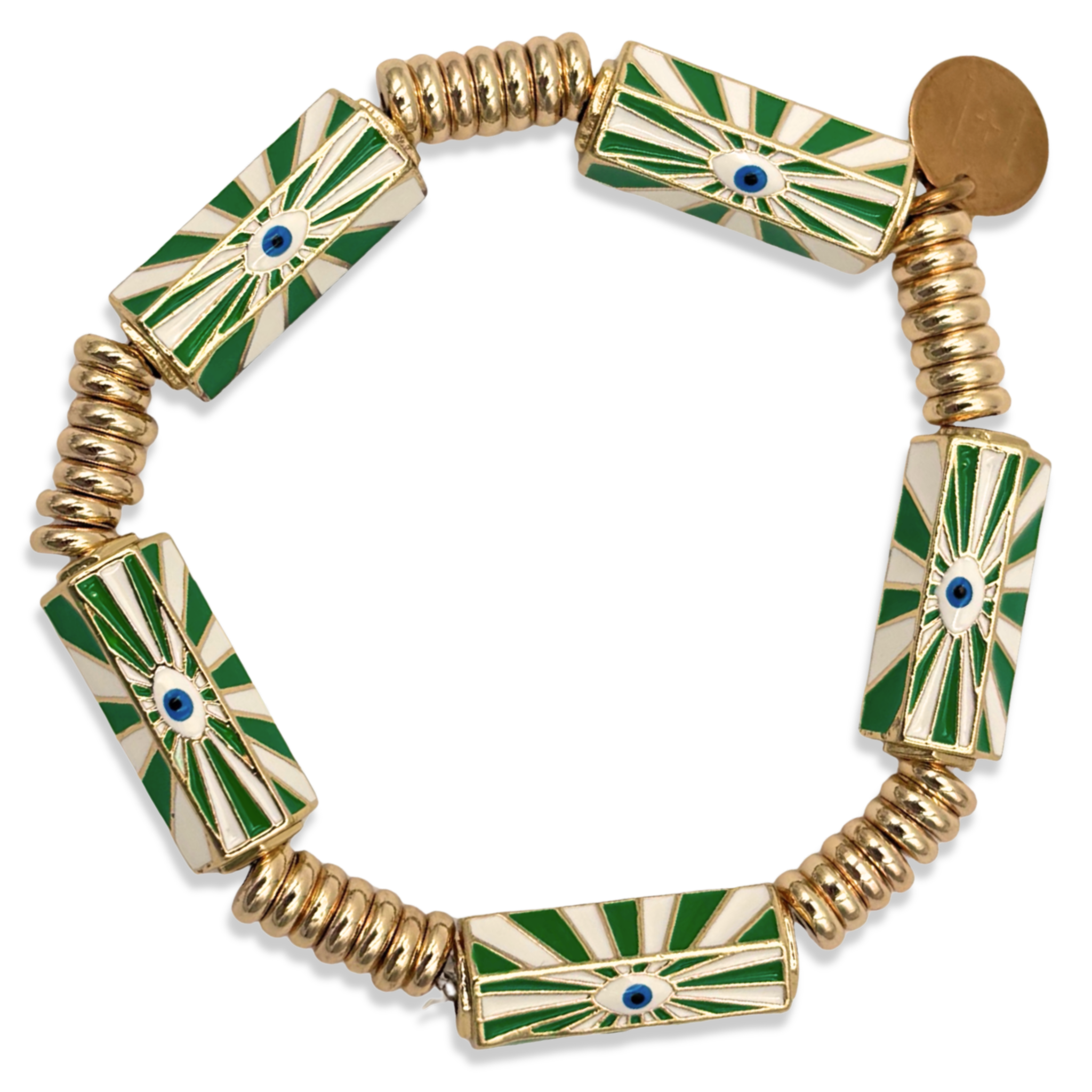 Green and white enamel evil eye stretch bracelet with gold ribbed beads and branded coin charm by HOLST+LEE