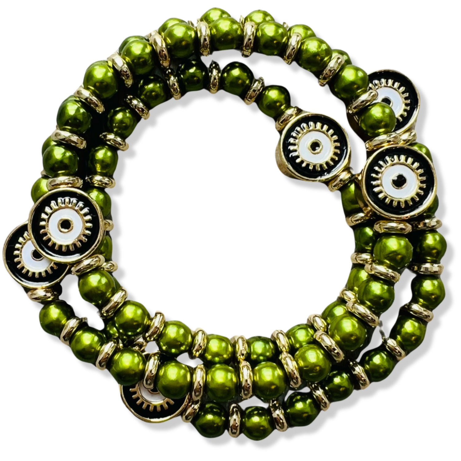 Wrap green pearl and gold rondelle stretch bracelet with black enamel evil eye charms by HOLST+LEE