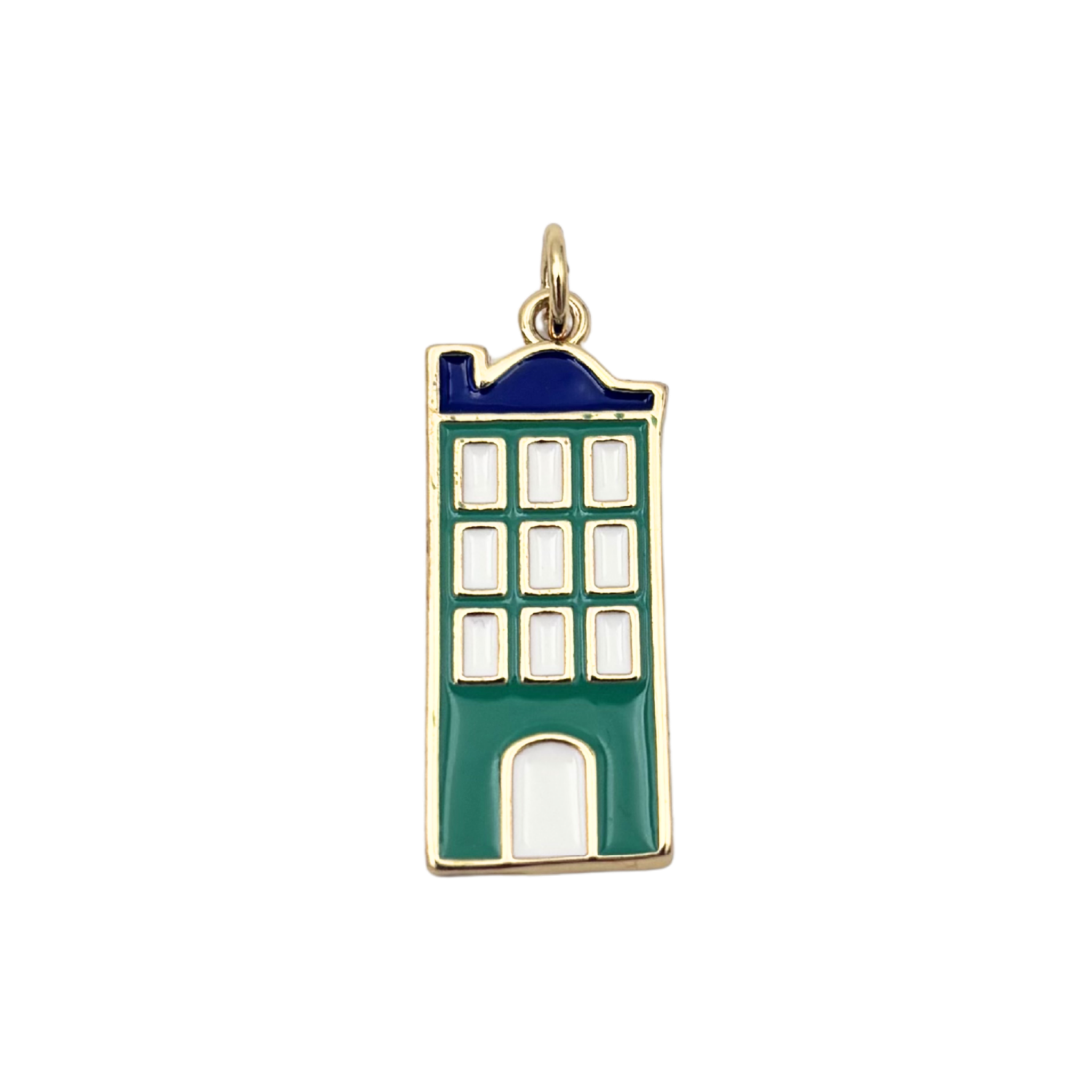 Green and navy enamel city building charm with gold frame and white window details by HOLST+LEE