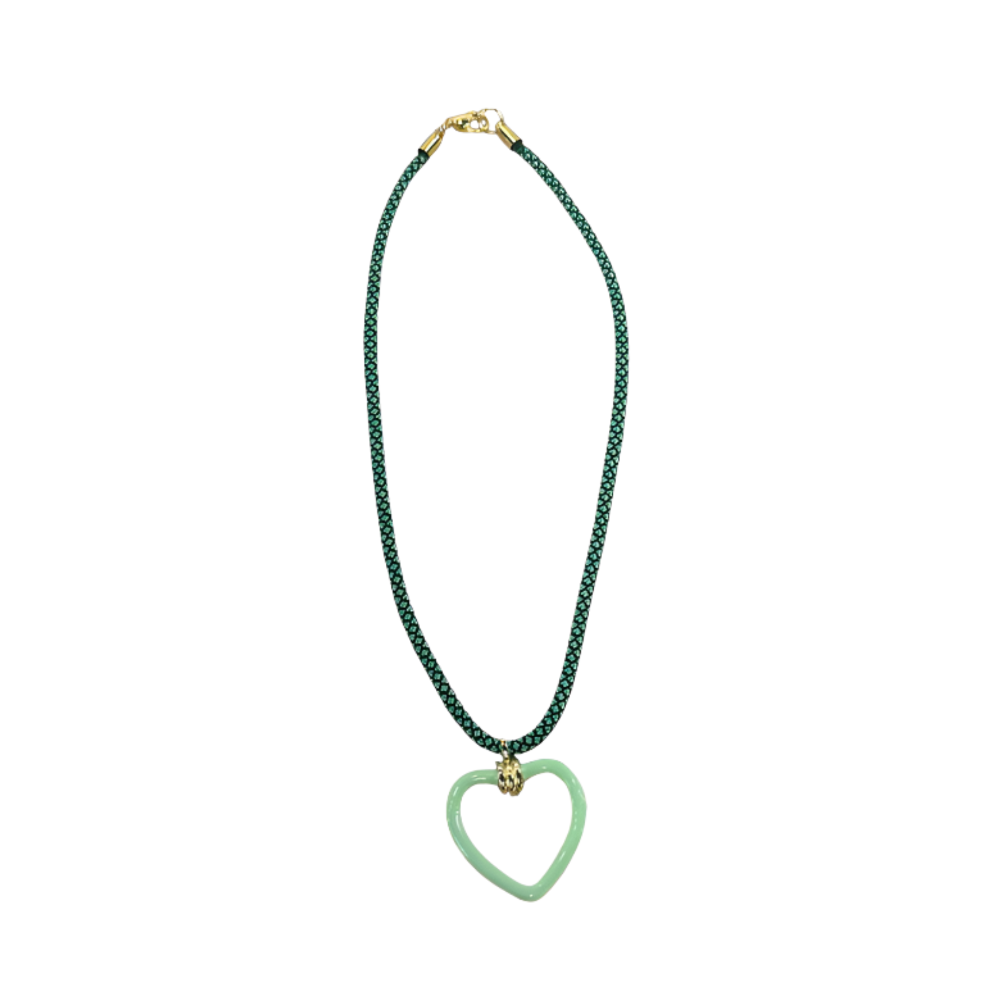 Green colored paracord necklace with  gold-filled and seafoam enamel heart-shaped charm by HOLST+LEE