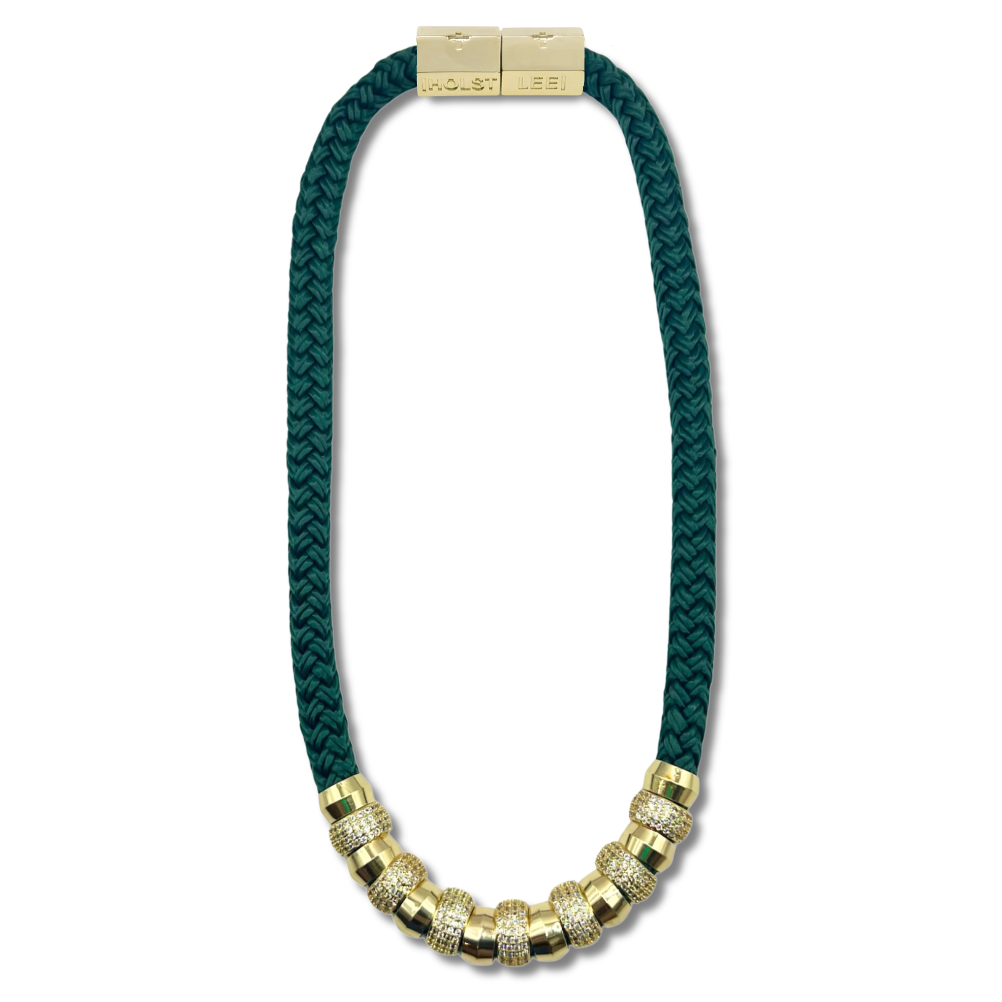 Green braided rope necklace with pavé crystal and gold ferrule stack and gold magnetic clasped necklace by HOLST+LEE