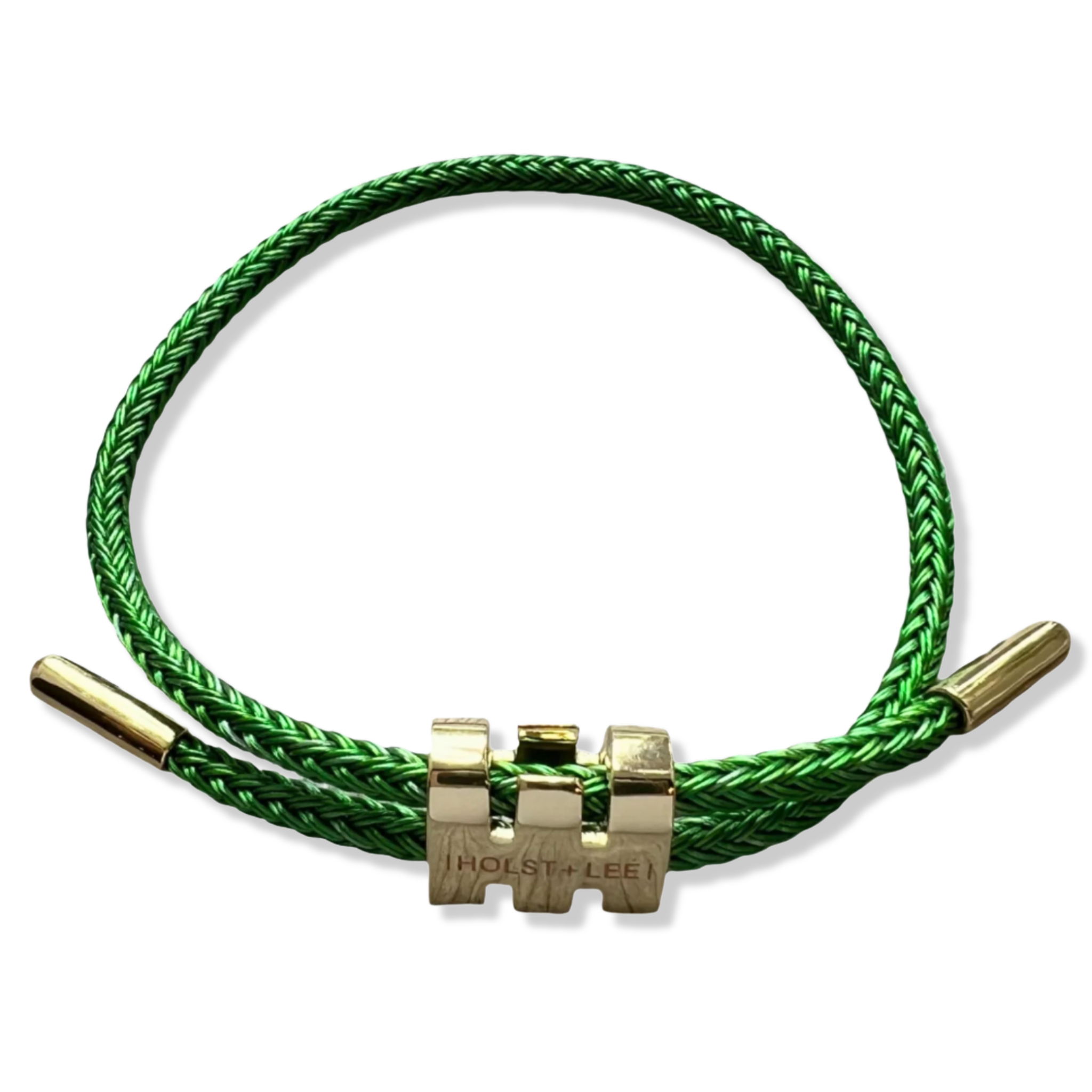 Green braided rope bracelet with gold sliding clasp by HOLST+LEE